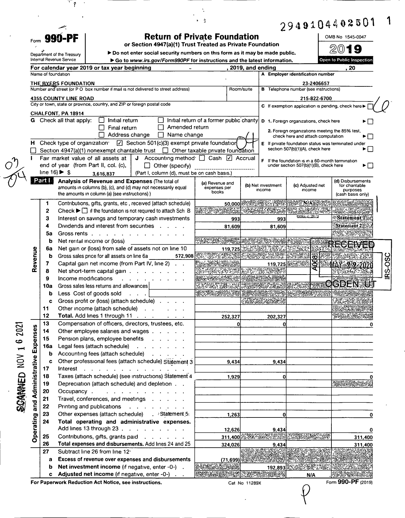 Image of first page of 2019 Form 990PF for The Byers Foundation