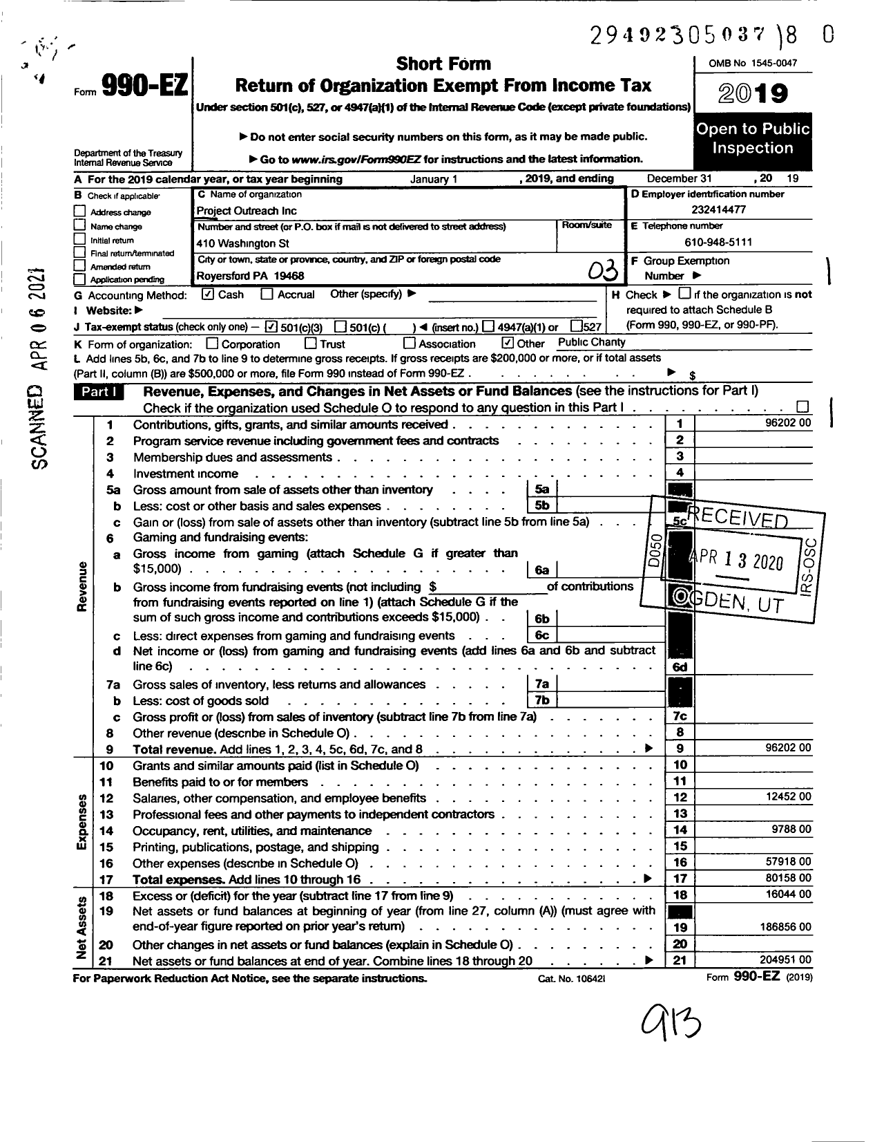 Image of first page of 2019 Form 990EZ for Project Outreach