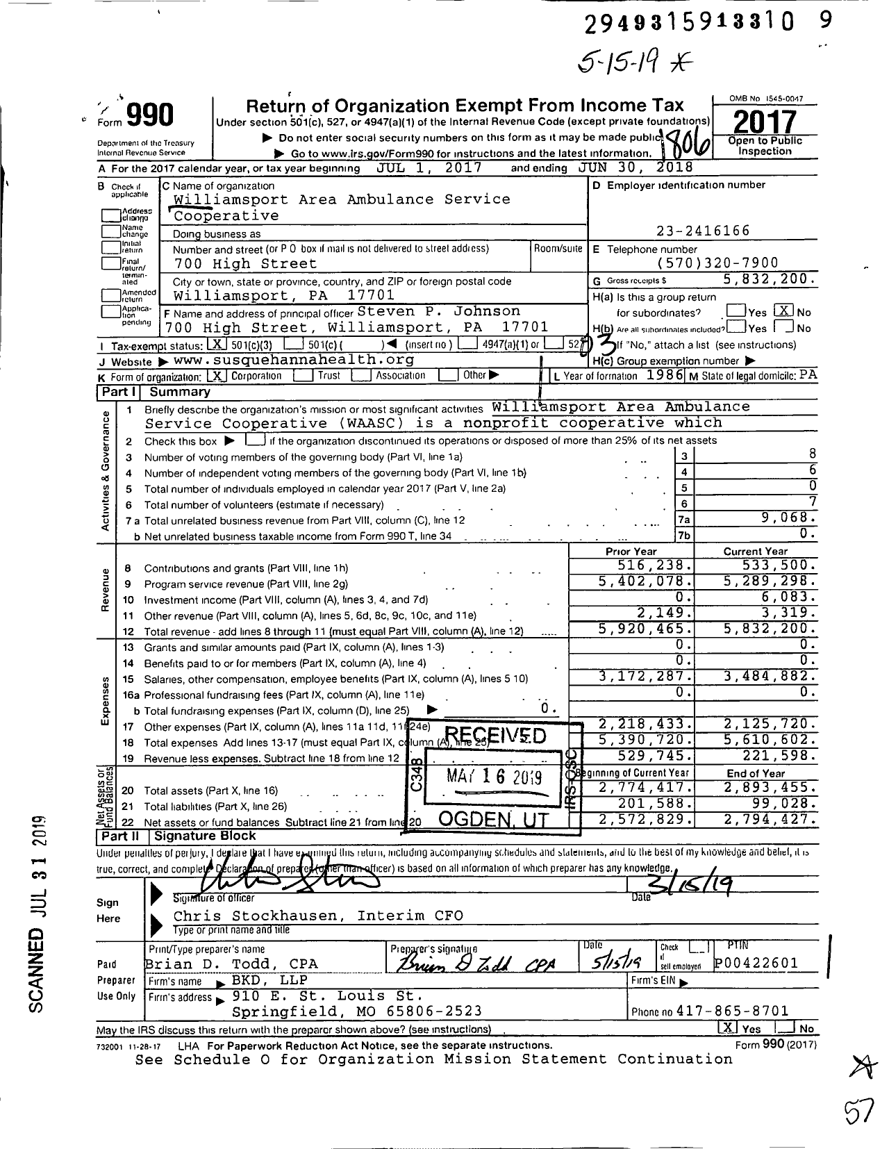 Image of first page of 2017 Form 990 for Williamsport Area Ambulance Service Cooperative