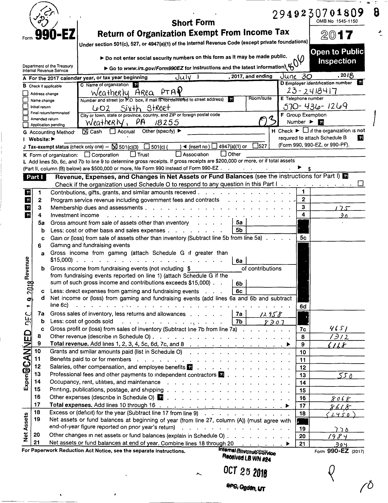 Image of first page of 2017 Form 990EZ for PTA Pennsylvania Congress / Weatherly Area PTA Inc