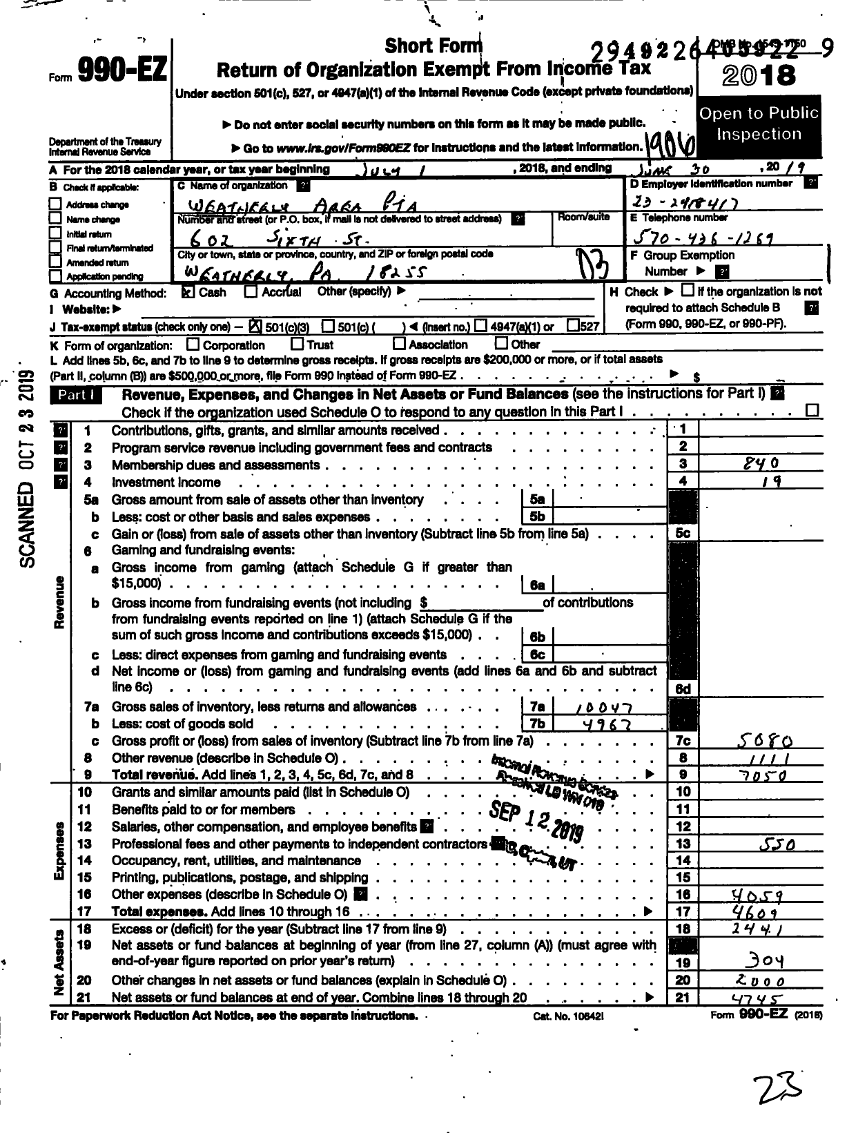 Image of first page of 2018 Form 990EZ for PTA Pennsylvania Congress / Weatherly Area PTA Inc