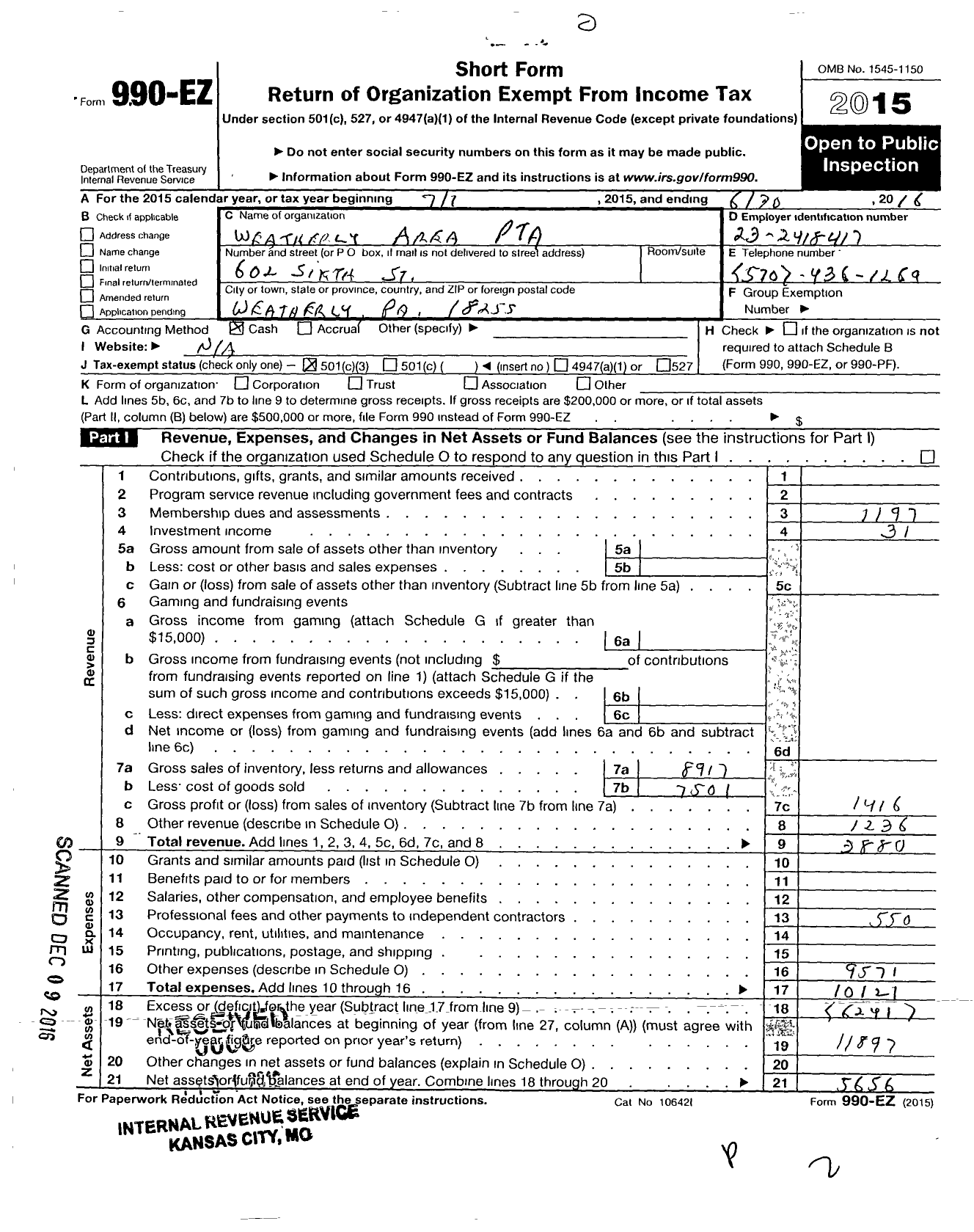 Image of first page of 2015 Form 990EZ for PTA Pennsylvania Congress / Weatherly Area PTA Inc