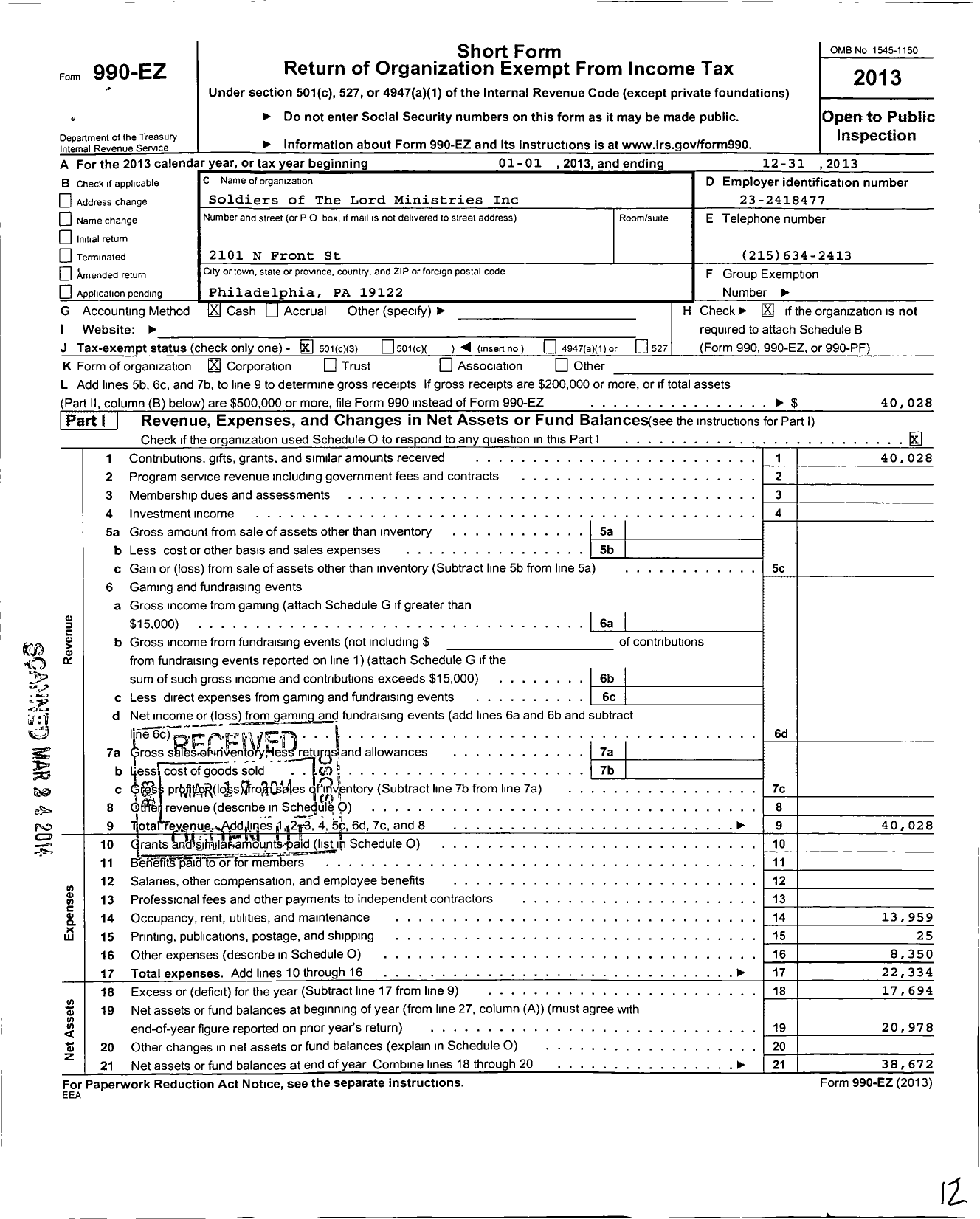 Image of first page of 2013 Form 990EZ for Soldiers of the Lord