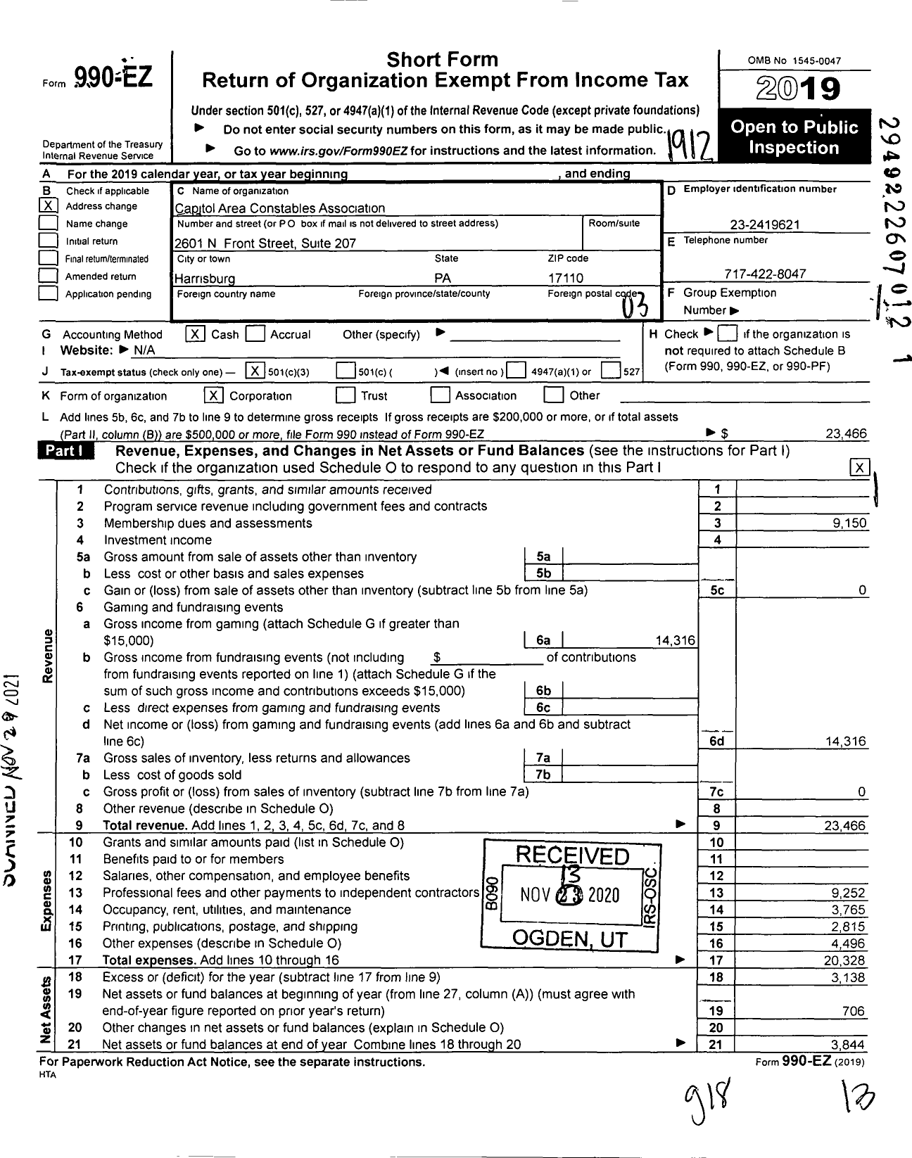 Image of first page of 2019 Form 990EZ for Capitol Area Constables Association