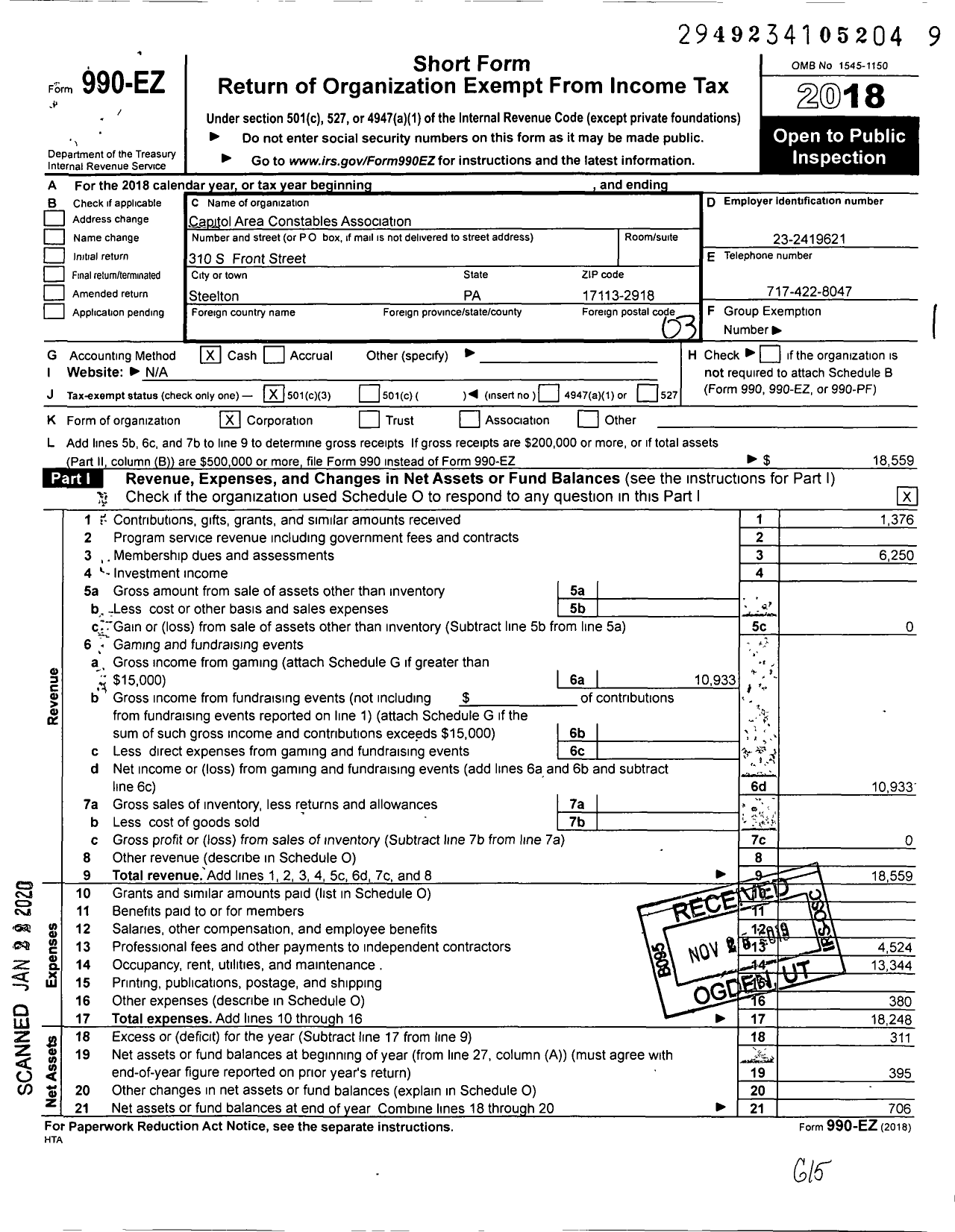 Image of first page of 2018 Form 990EZ for Capitol Area Constables Association