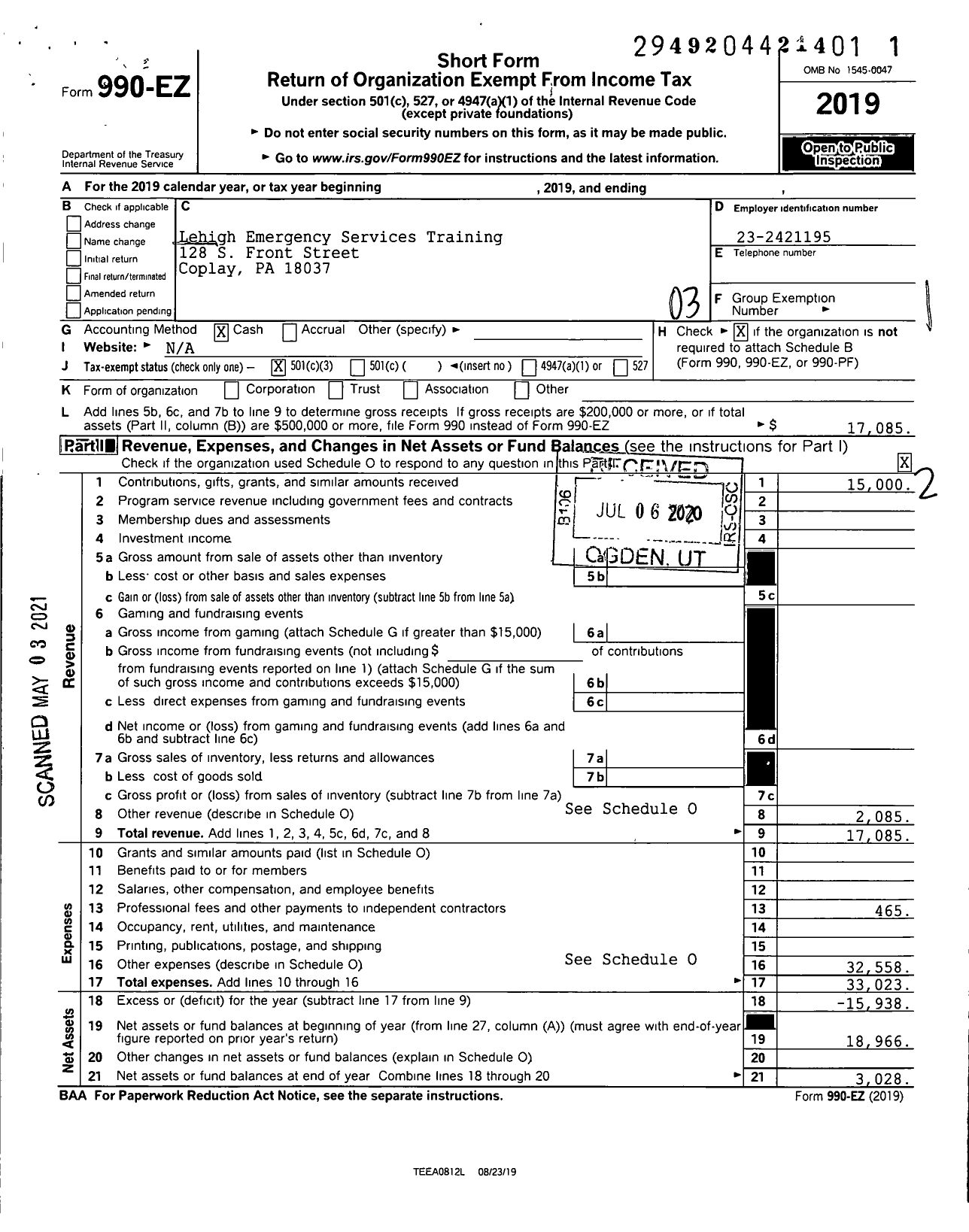 Image of first page of 2019 Form 990EZ for Lehigh Emergency Services Training