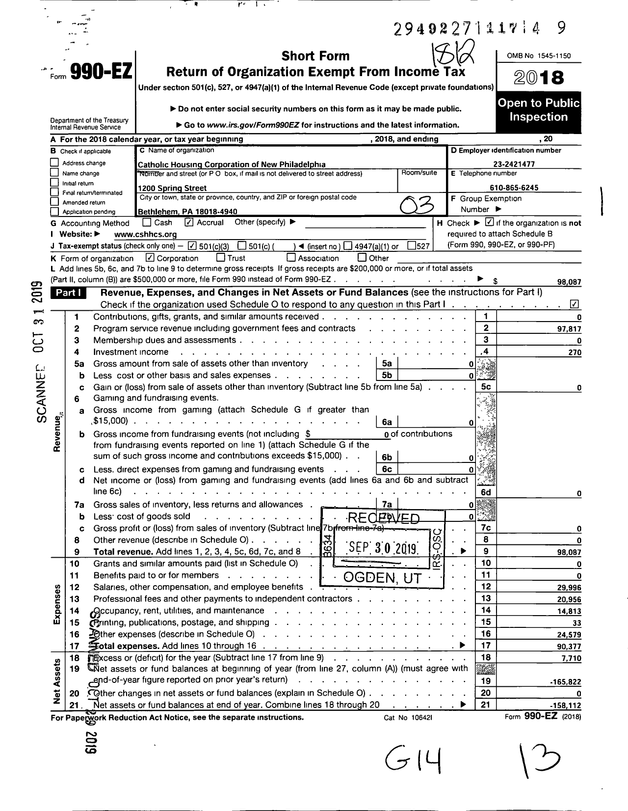 Image of first page of 2018 Form 990EZ for Catholic Housing Corporation of New Philadelphia