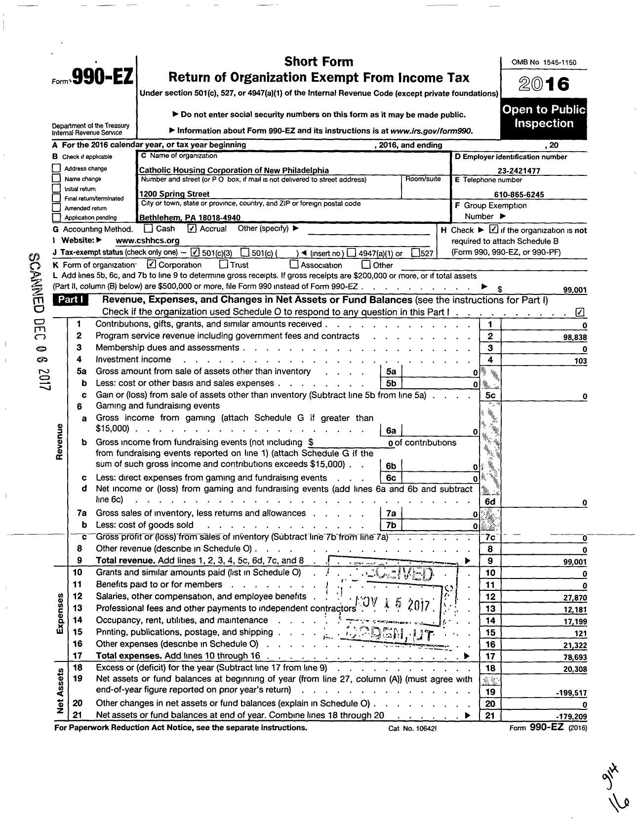 Image of first page of 2016 Form 990EZ for Catholic Housing Corporation of New Philadelphia