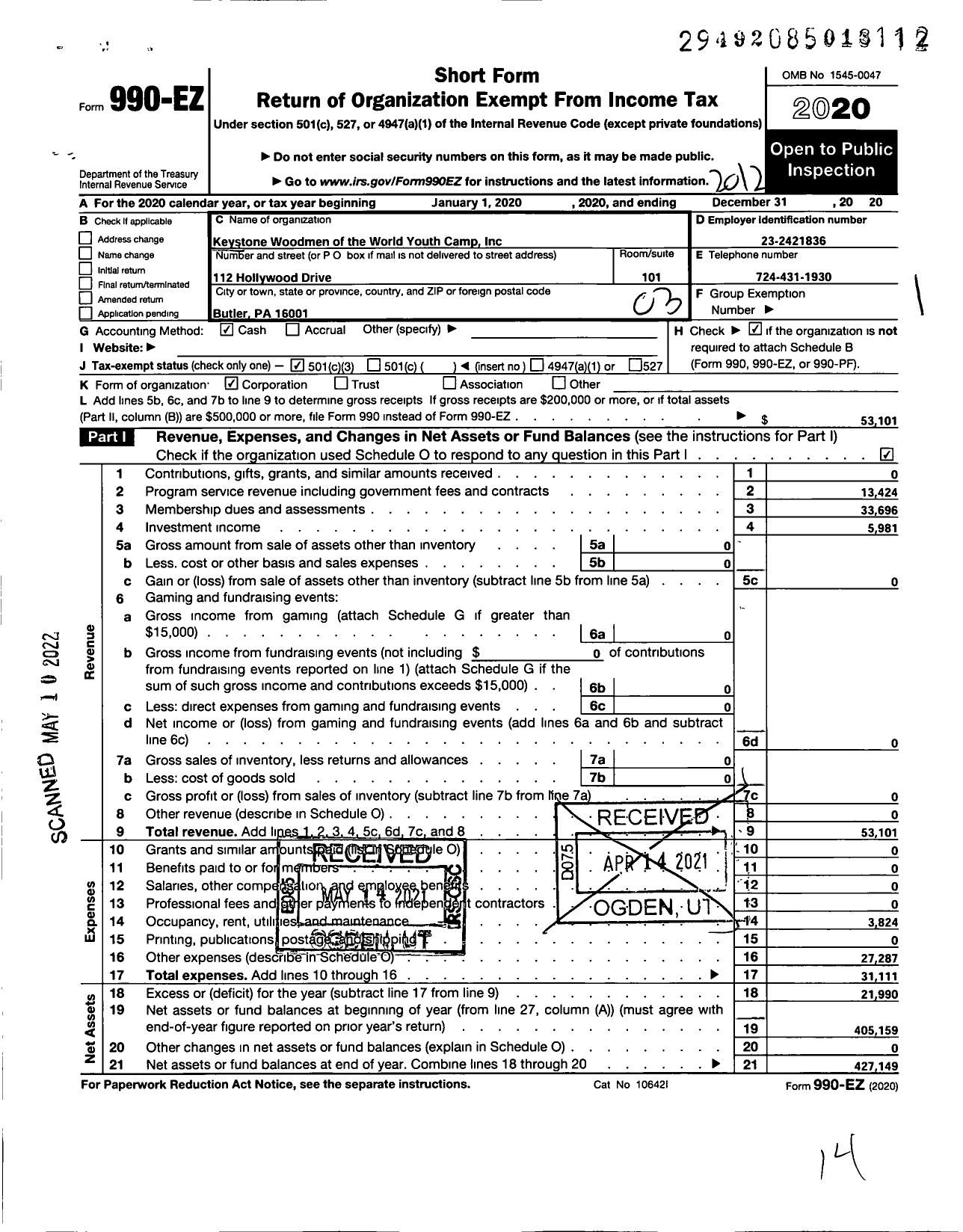 Image of first page of 2020 Form 990EZ for Keystone Wow O Wow Youth Camp