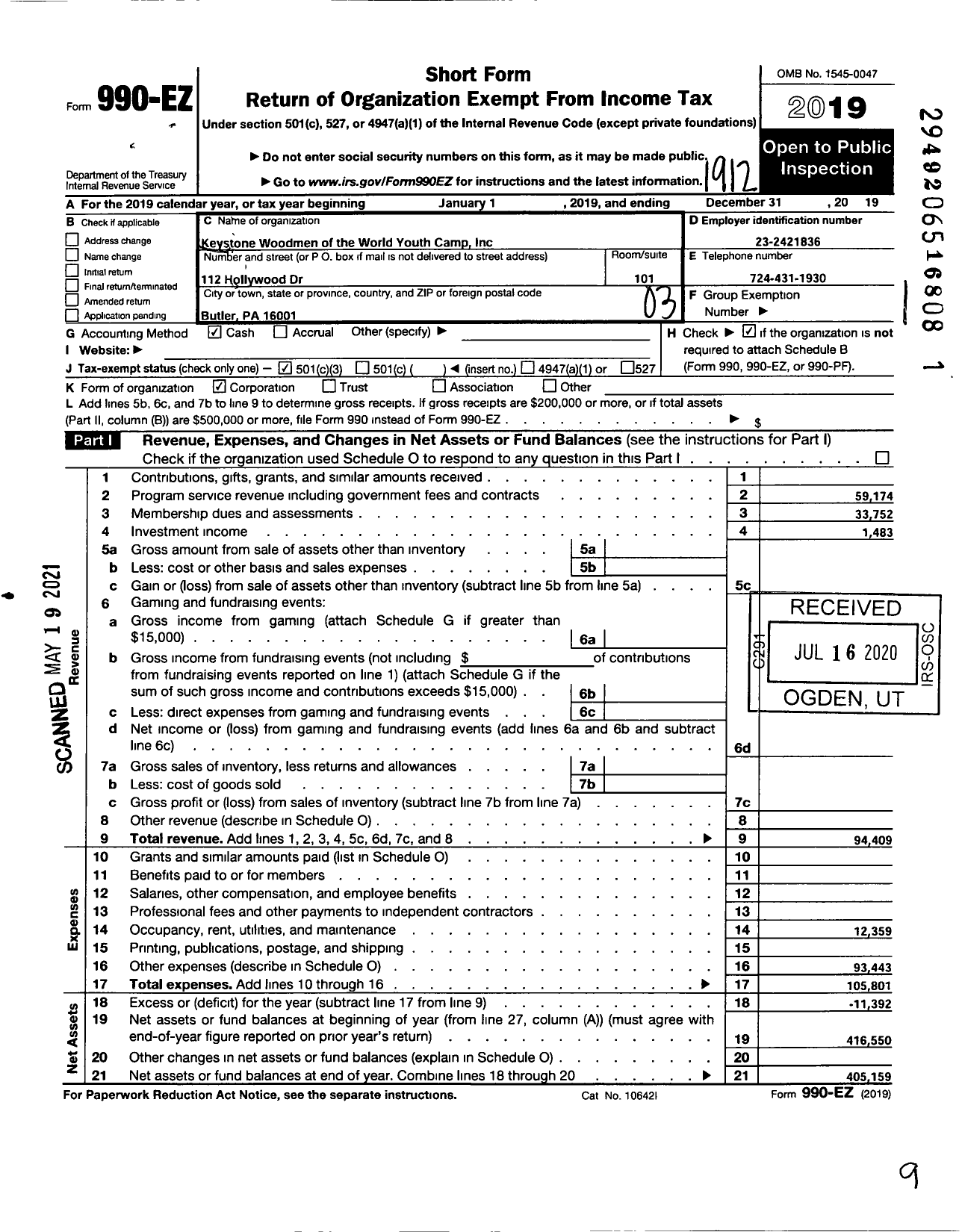 Image of first page of 2019 Form 990EZ for Keystone Wow O Wow Youth Camp