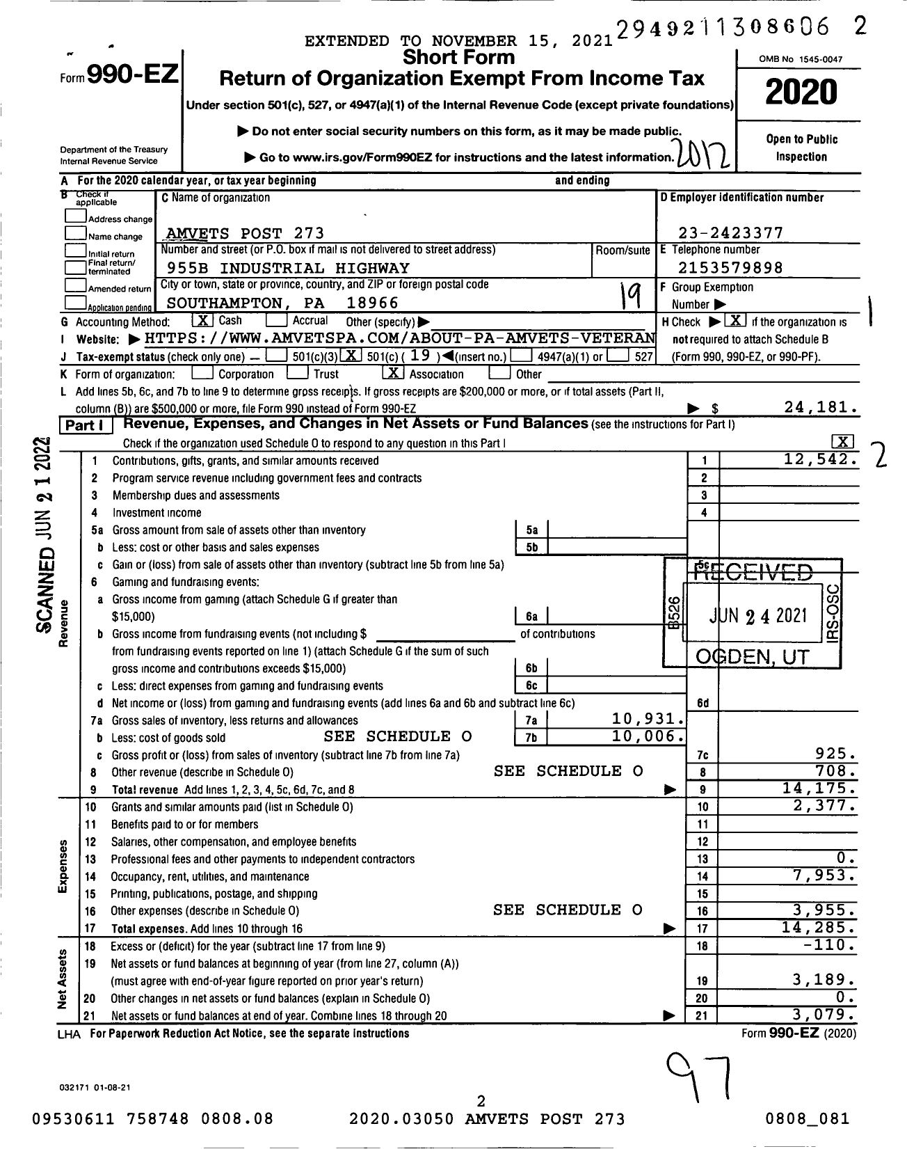 Image of first page of 2020 Form 990EO for Amvets Post 273