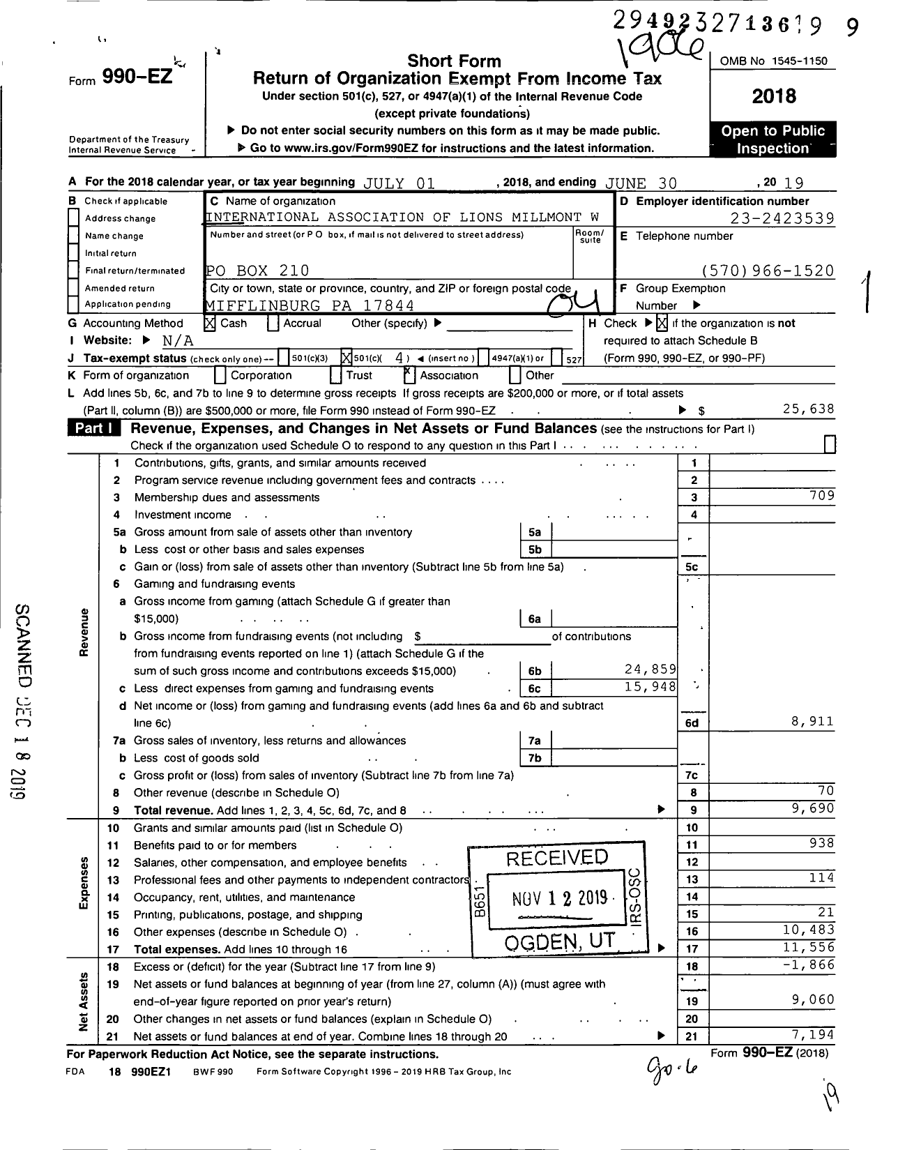 Image of first page of 2018 Form 990EO for International Association of Lions Millmont West Union