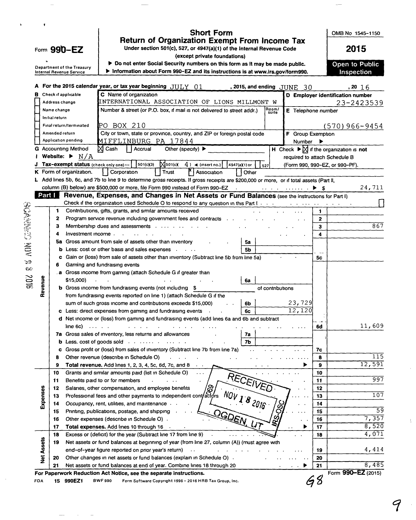 Image of first page of 2015 Form 990EO for International Association of Lions Millmont West Union