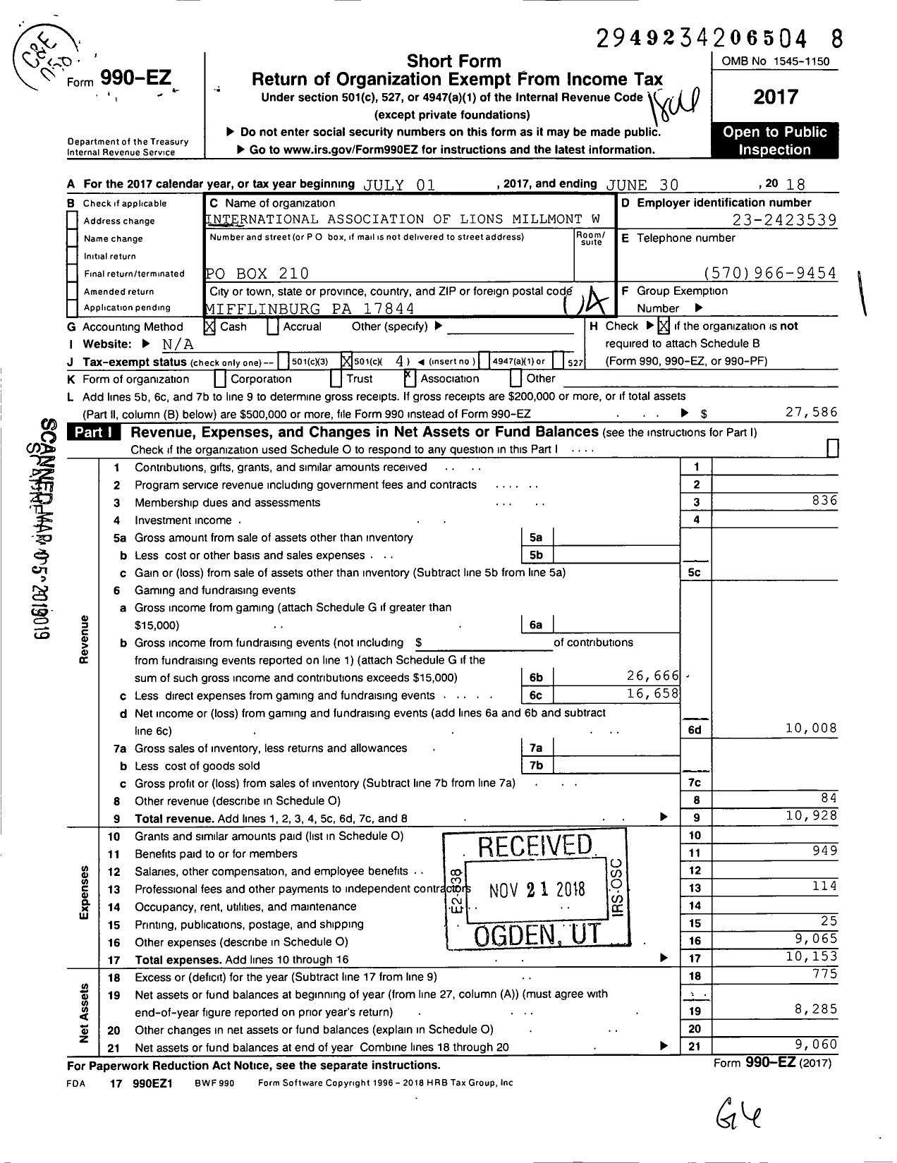 Image of first page of 2017 Form 990EO for International Association of Lions Millmont West Union