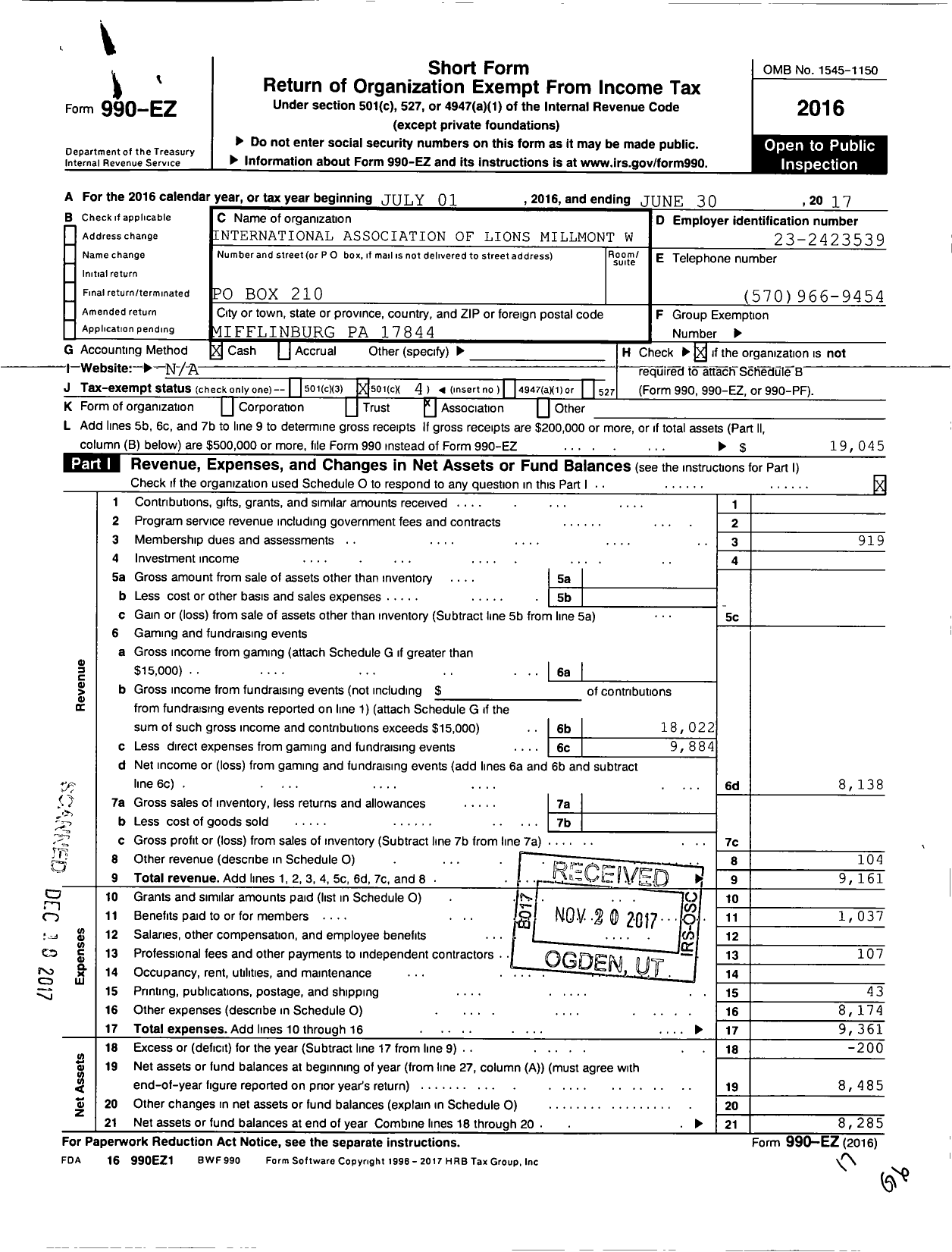 Image of first page of 2016 Form 990EO for International Association of Lions Millmont West Union