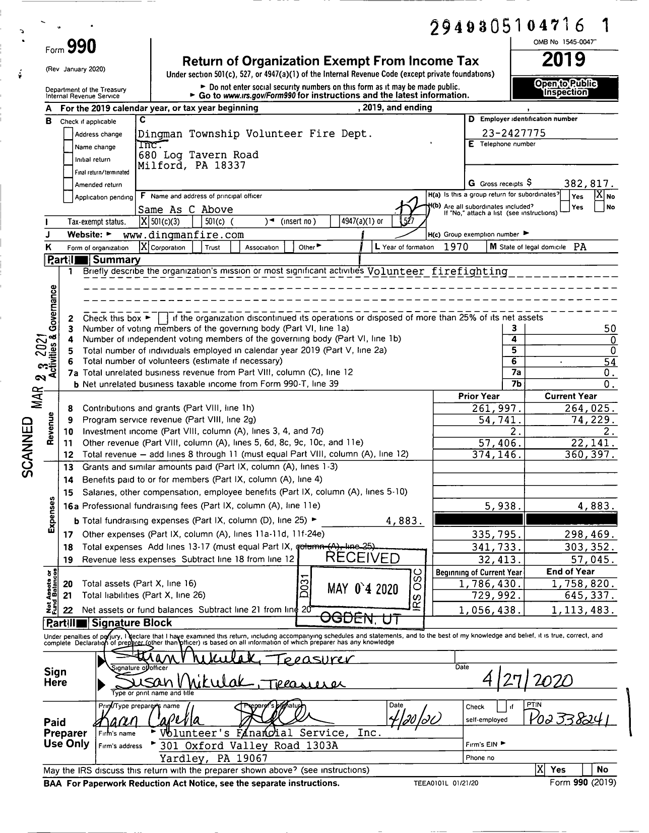 Image of first page of 2019 Form 990 for Dingman Township Volunteer Fire Dept