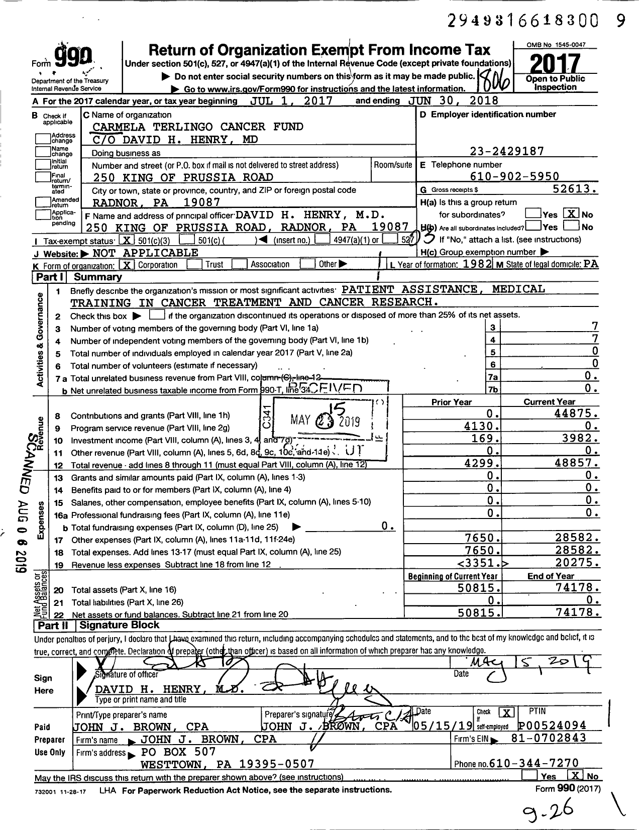 Image of first page of 2017 Form 990 for Carmela Terlingo Cancer Fund