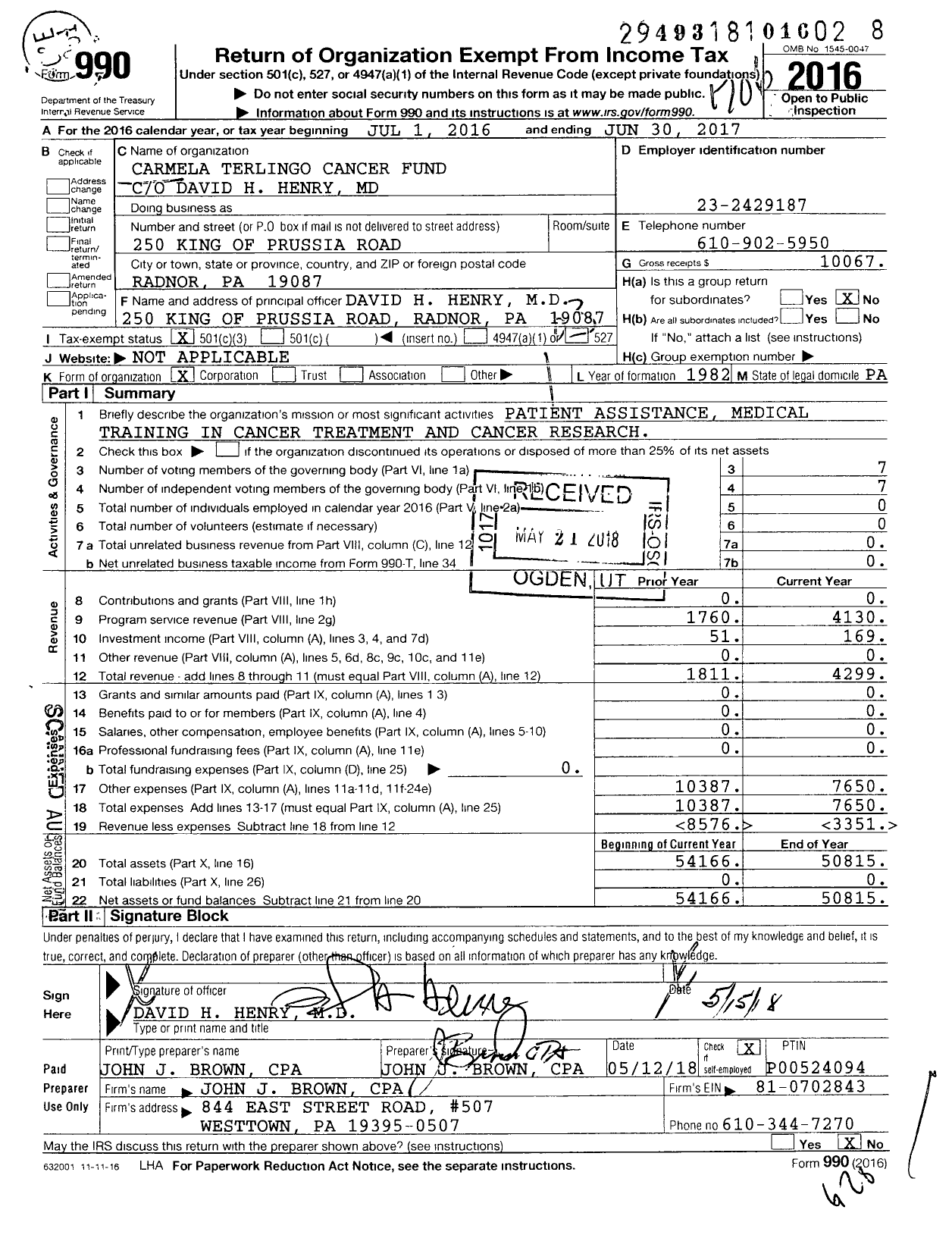 Image of first page of 2016 Form 990 for Carmela Terlingo Cancer Fund