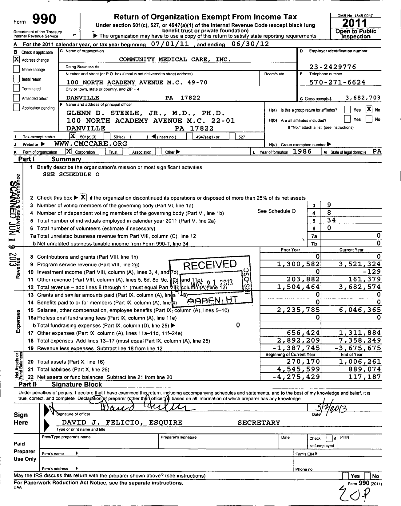 Image of first page of 2011 Form 990 for Community Medical Care