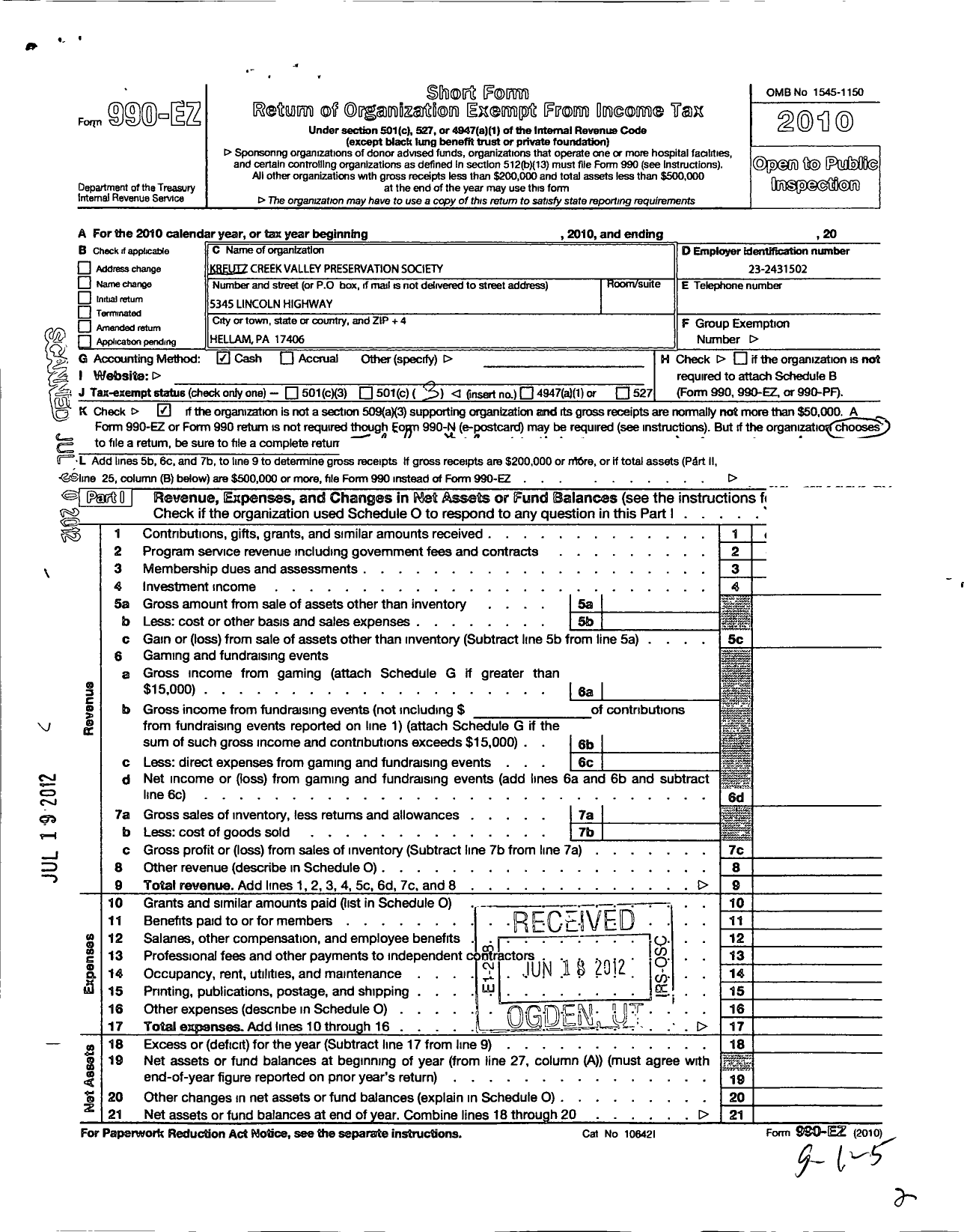 Image of first page of 2010 Form 990EZ for Kreutz Creek Valley Preservation Society