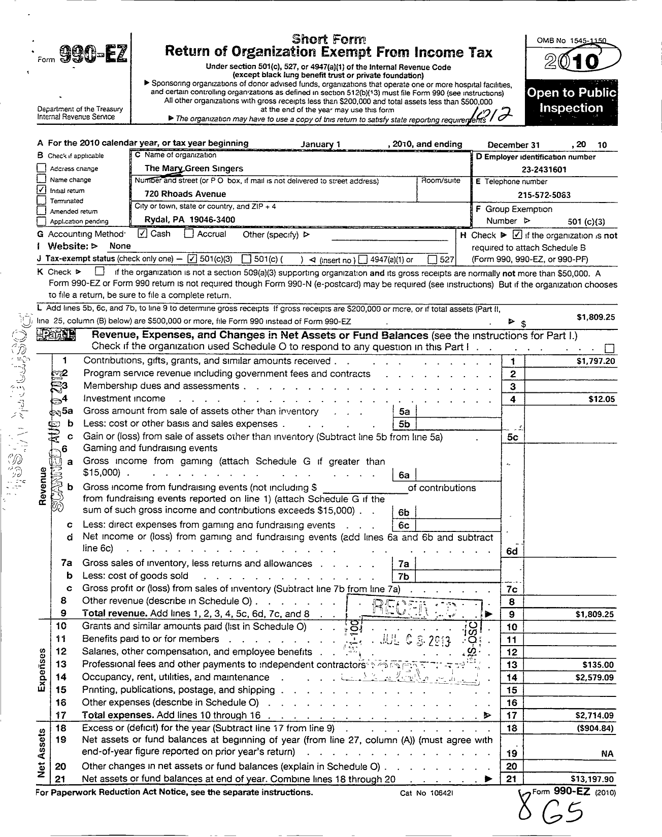 Image of first page of 2010 Form 990EZ for The Mary Green Singers and Chorale