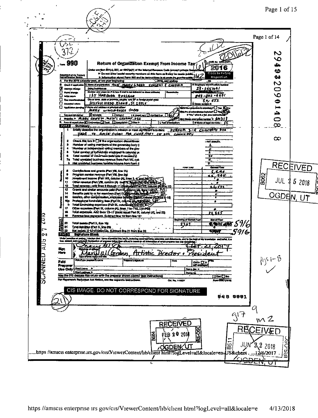 Image of first page of 2016 Form 990 for The Mary Green Singers and Chorale