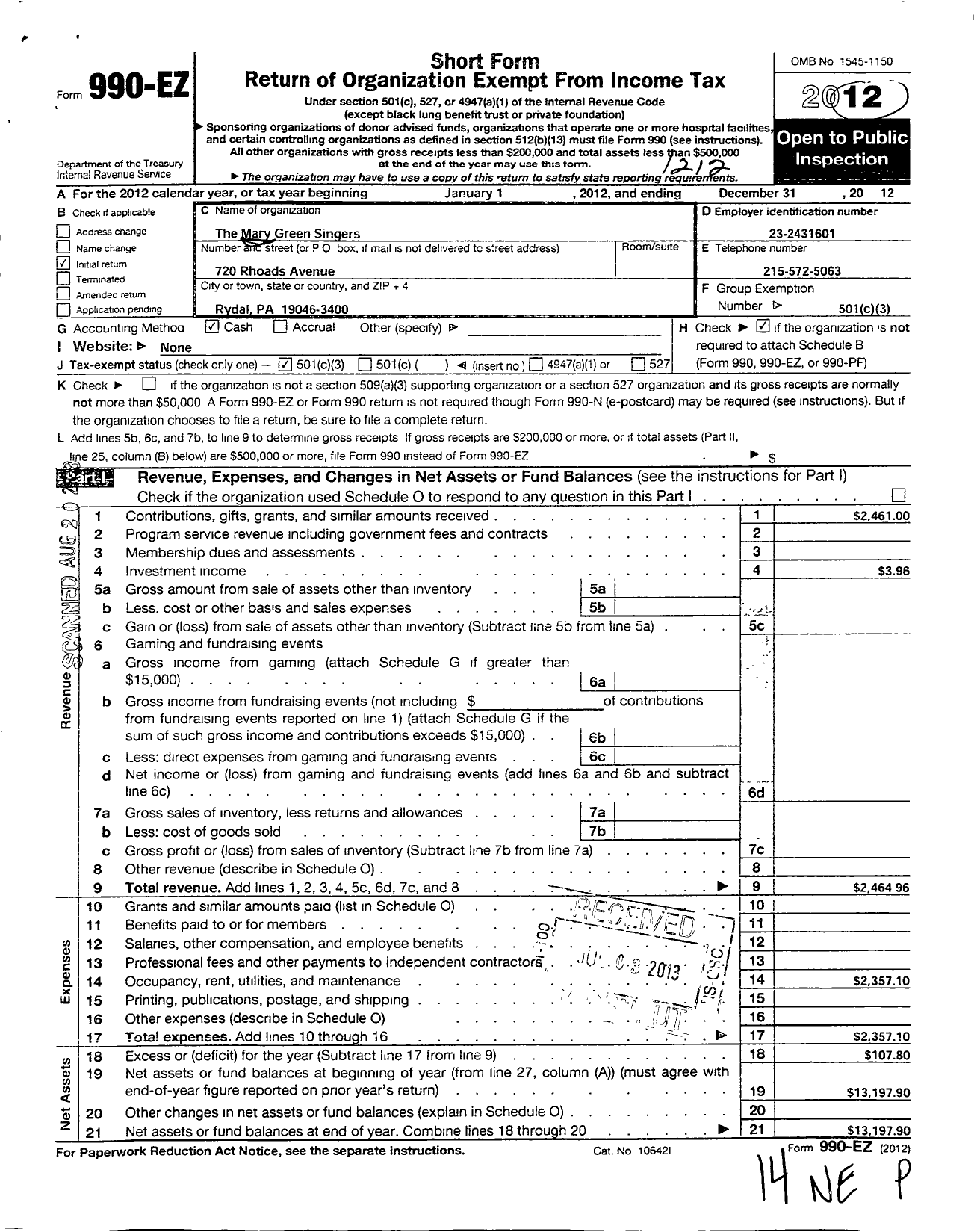 Image of first page of 2012 Form 990EZ for The Mary Green Singers and Chorale