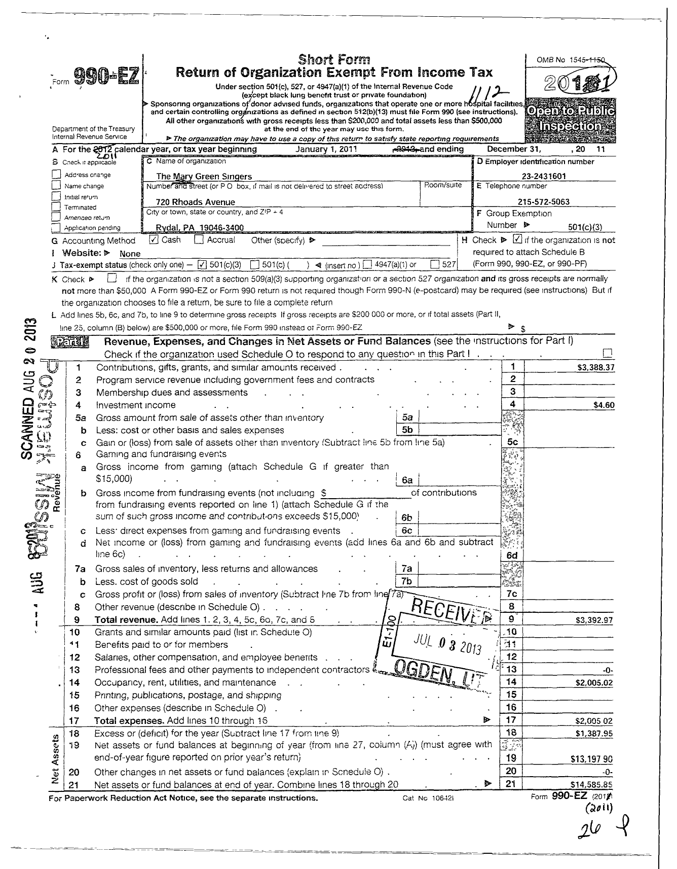 Image of first page of 2011 Form 990EZ for The Mary Green Singers and Chorale