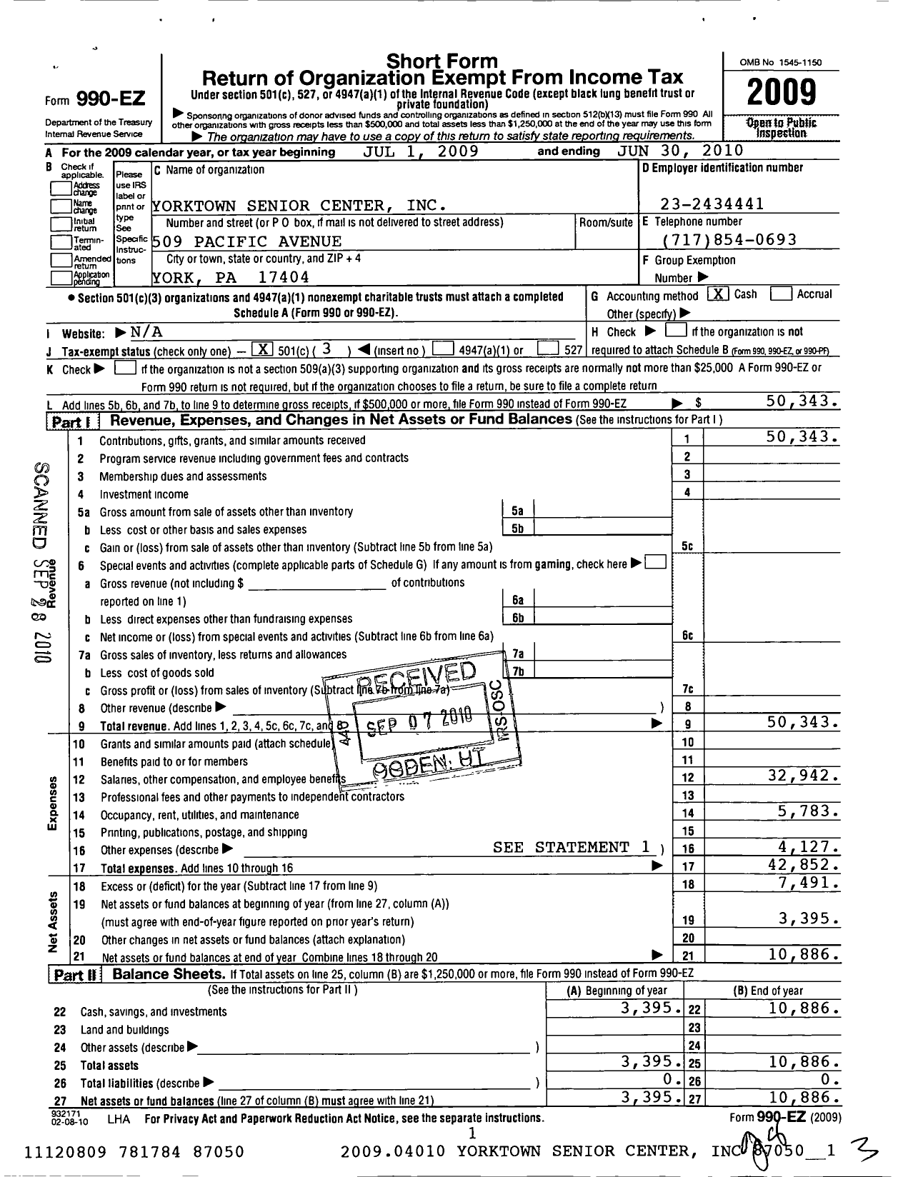 Image of first page of 2009 Form 990EZ for Yorktown Senior Center