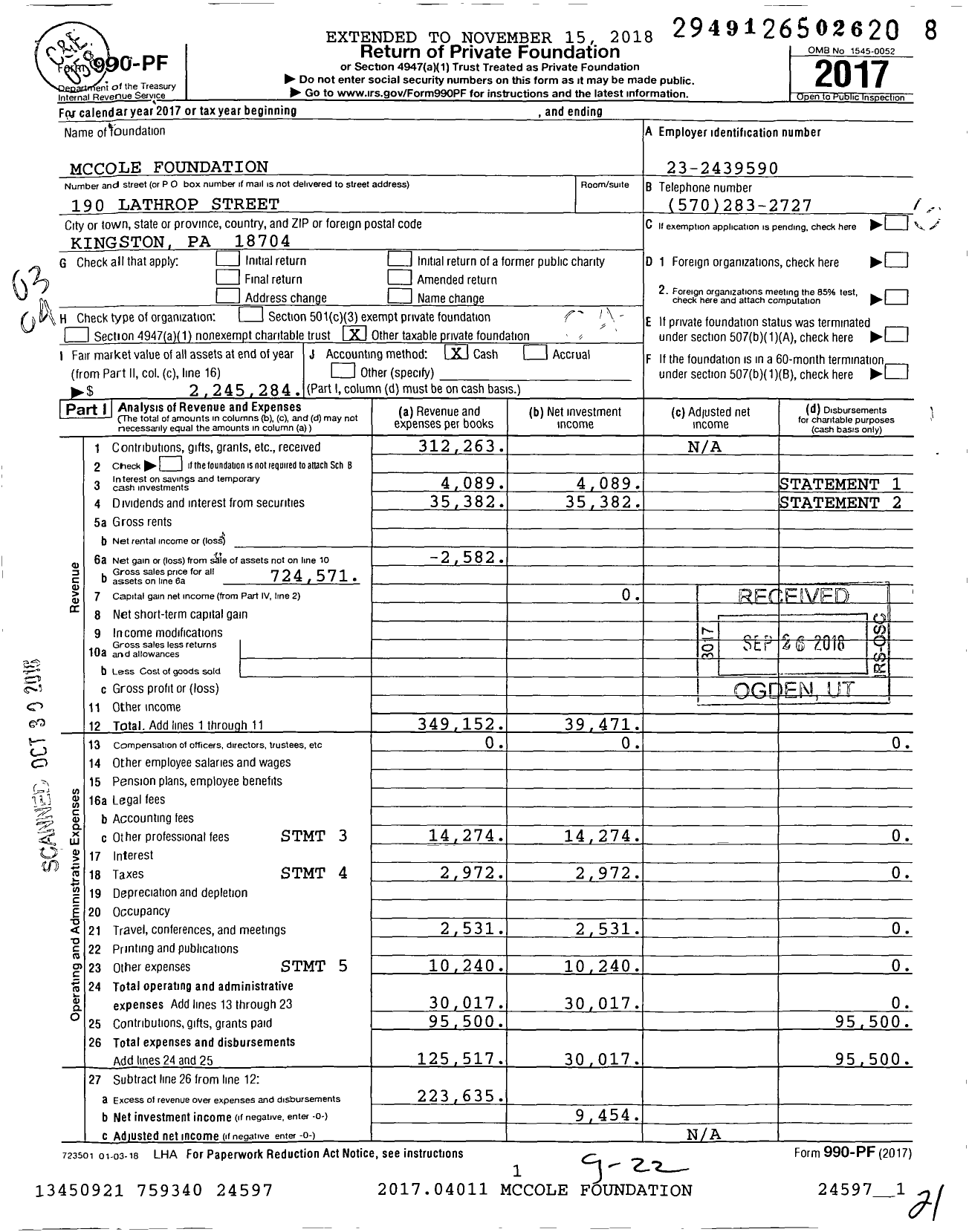 Image of first page of 2017 Form 990PF for Mccole Foundation