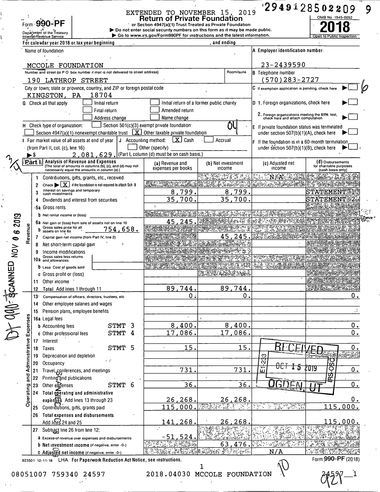 Image of first page of 2018 Form 990PF for Mccole Foundation