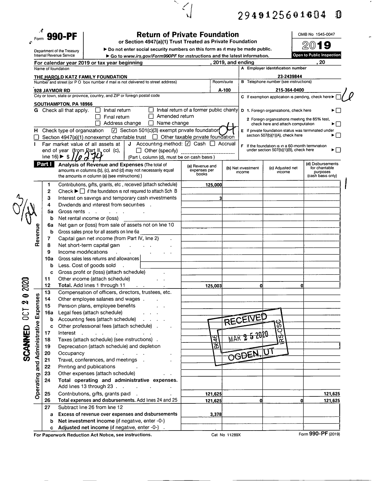 Image of first page of 2019 Form 990PR for Harold Katz Family Foundation