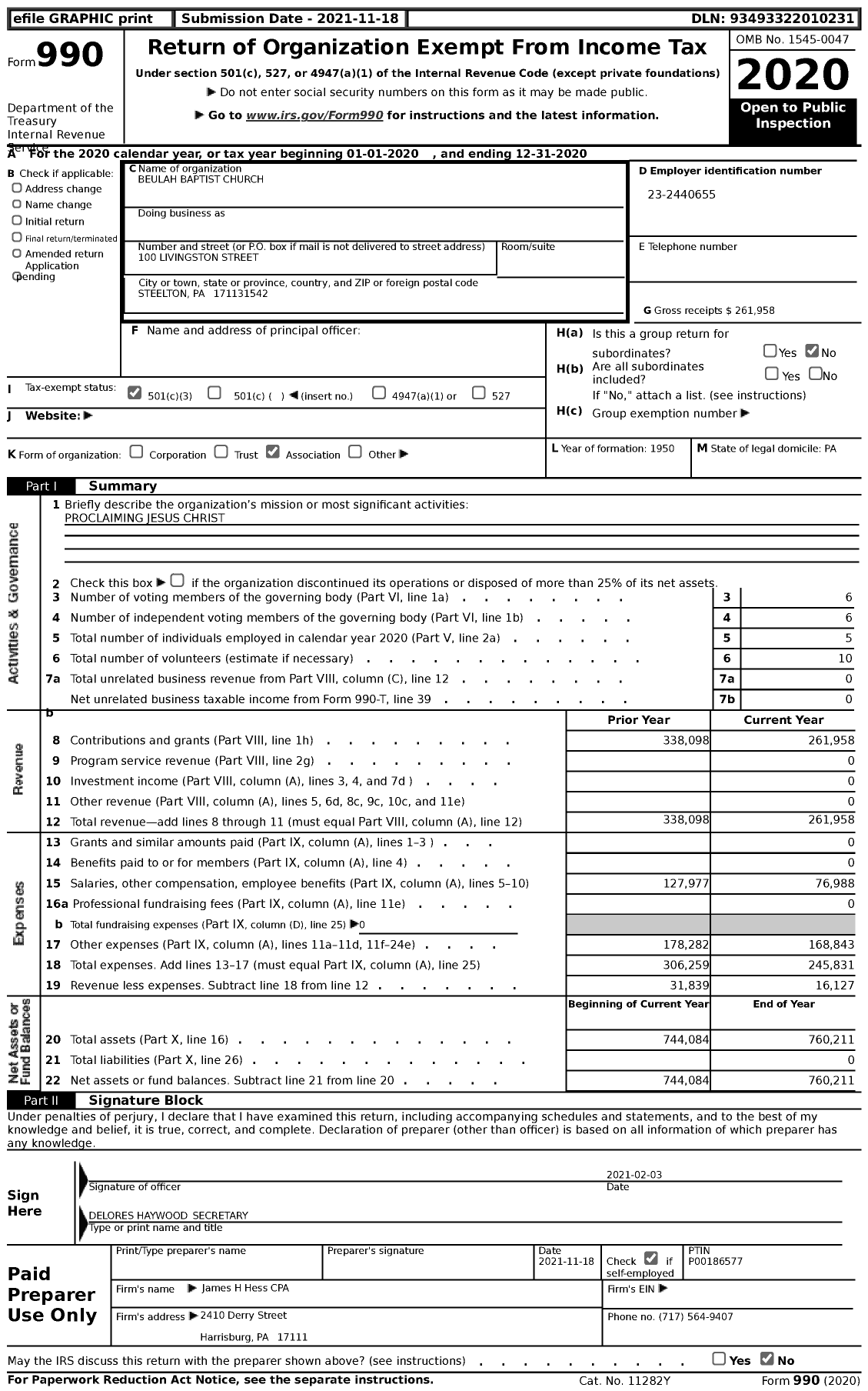 Image of first page of 2020 Form 990 for Beulah Baptist Church