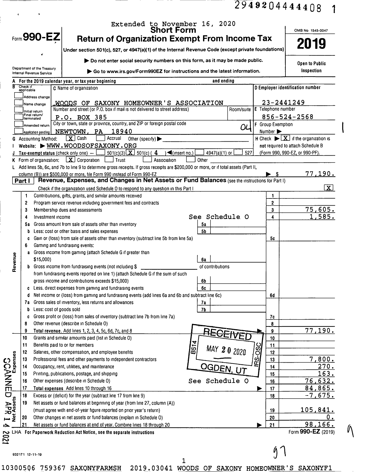 Image of first page of 2019 Form 990EO for Woods of Saxony Homeowner's Association