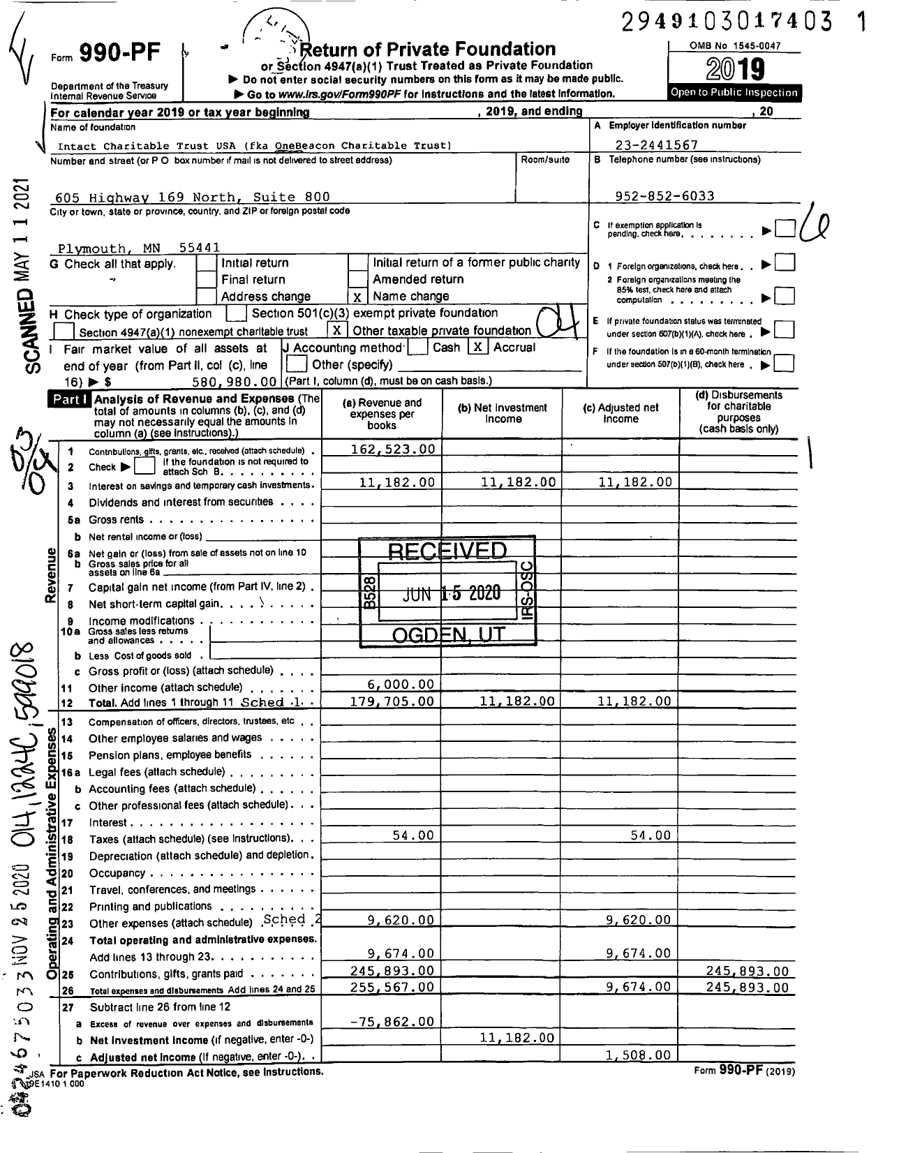 Image of first page of 2019 Form 990PF for Intact Charitable Trust USA