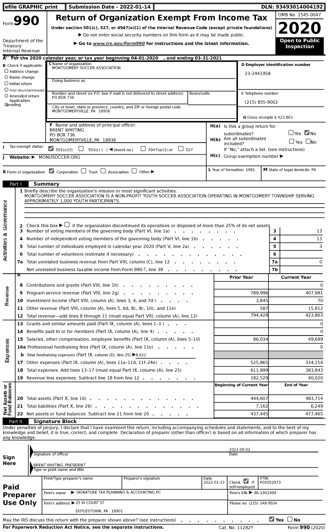 Image of first page of 2020 Form 990 for Montgomery United Soccer Club