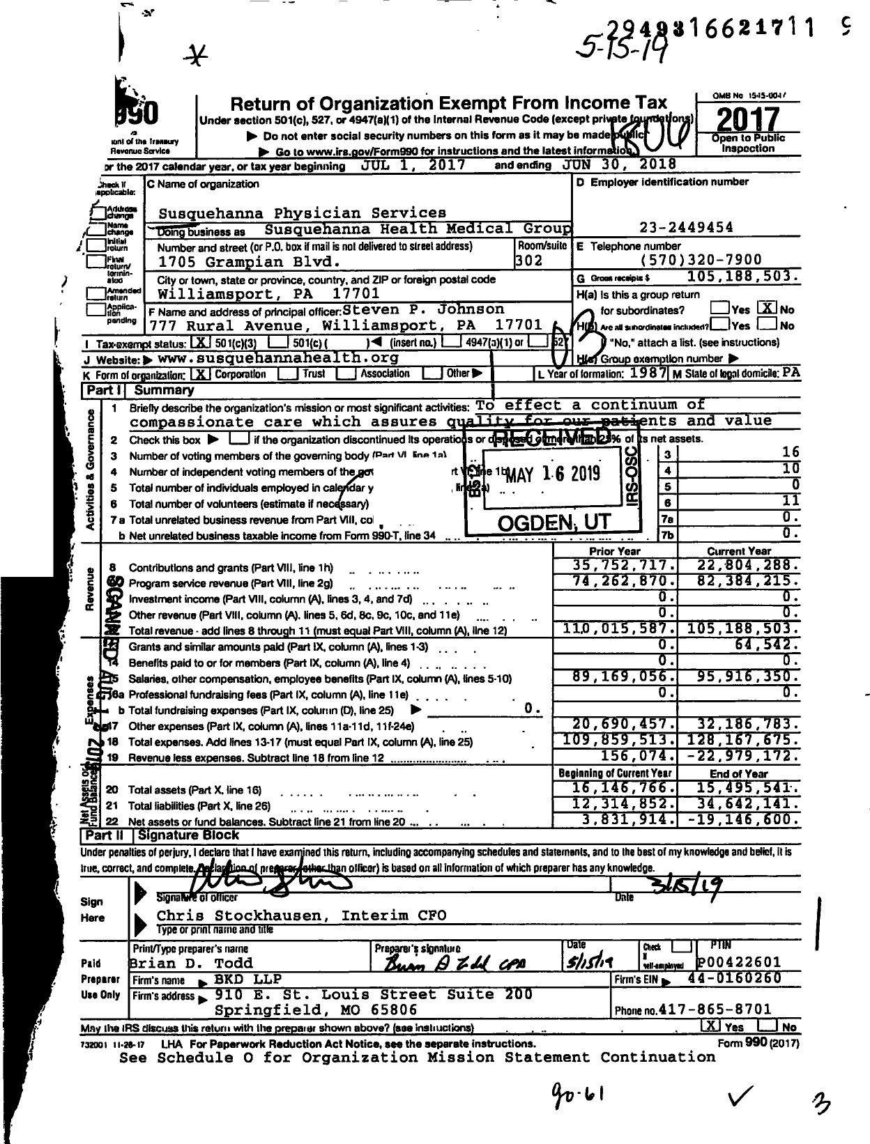 Image of first page of 2017 Form 990 for Susquehanna Health Medical Group