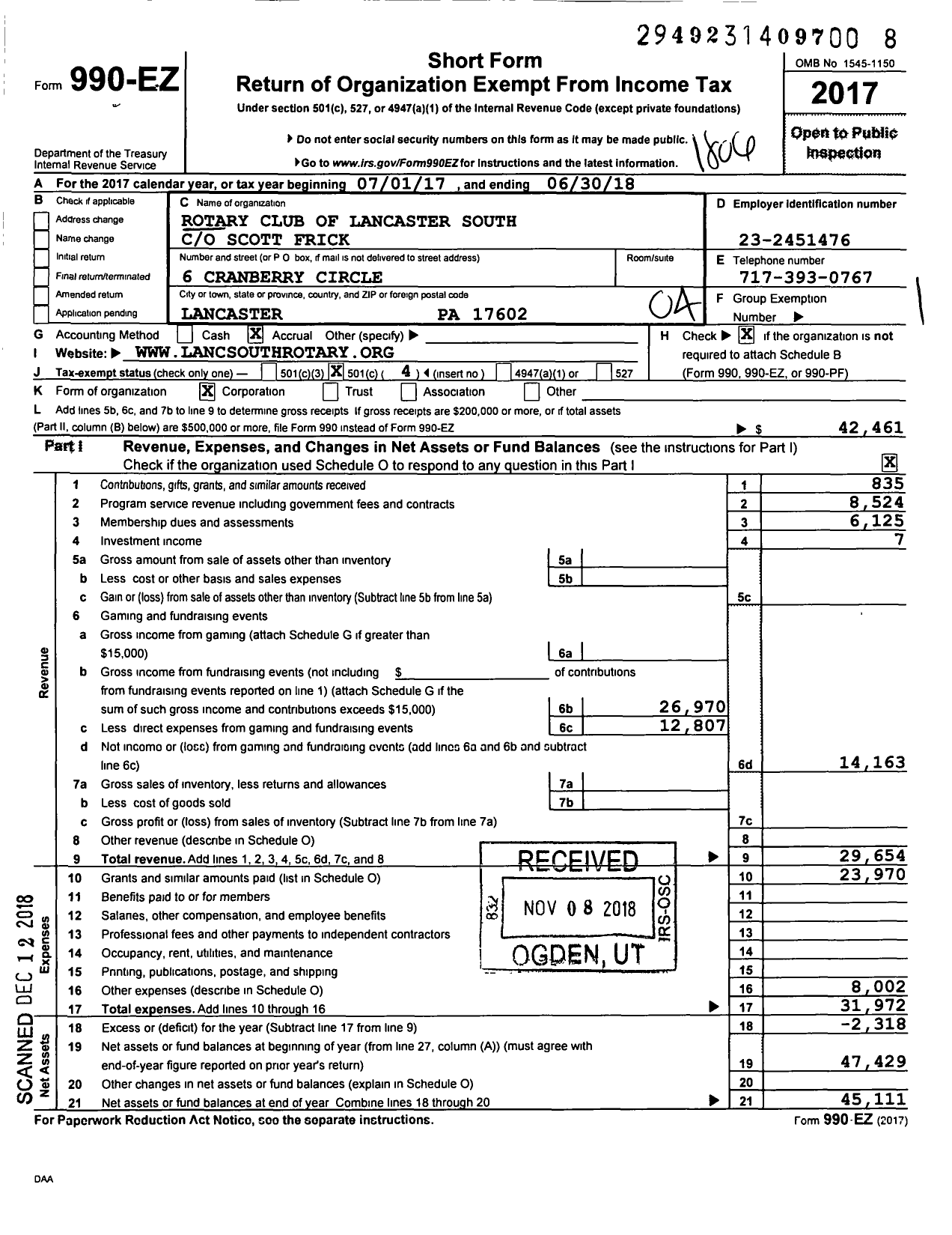 Image of first page of 2017 Form 990EO for Rotary International - Lancaster South Rotary Club