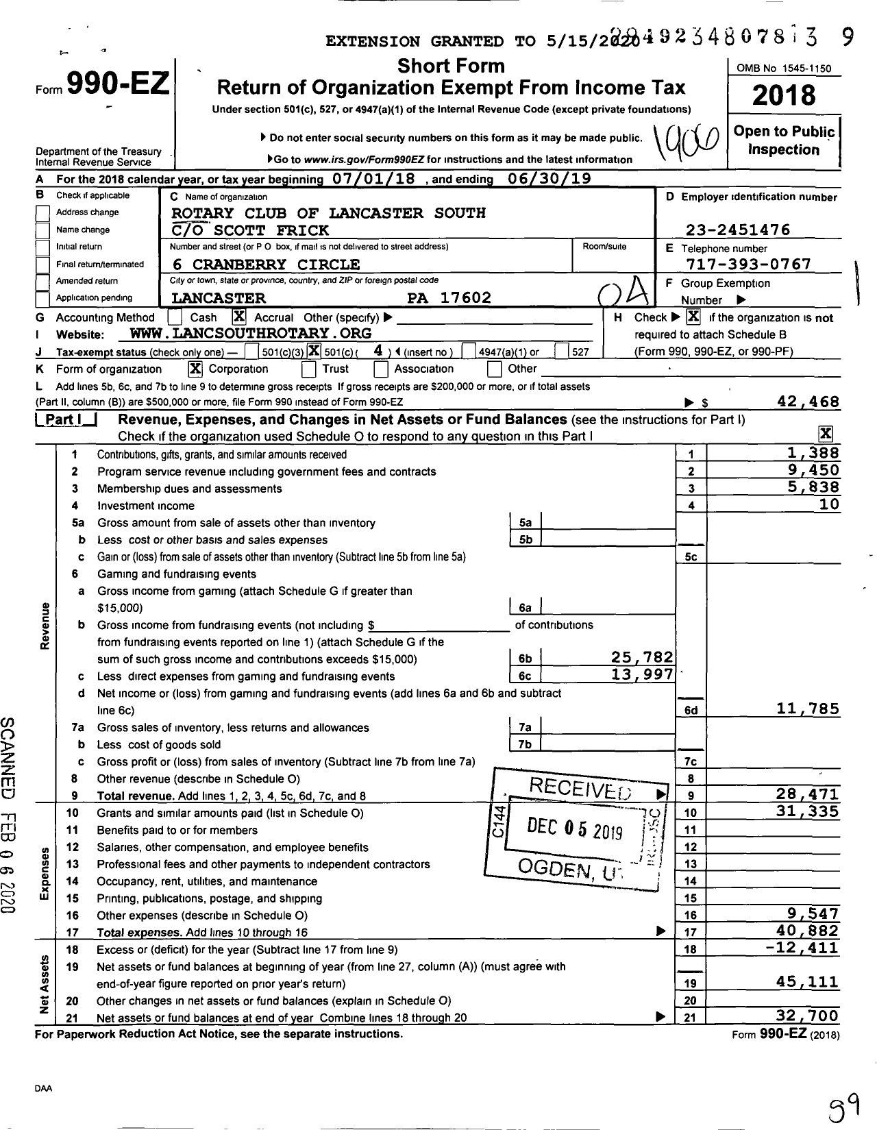 Image of first page of 2018 Form 990EO for Rotary International - Lancaster South Rotary Club