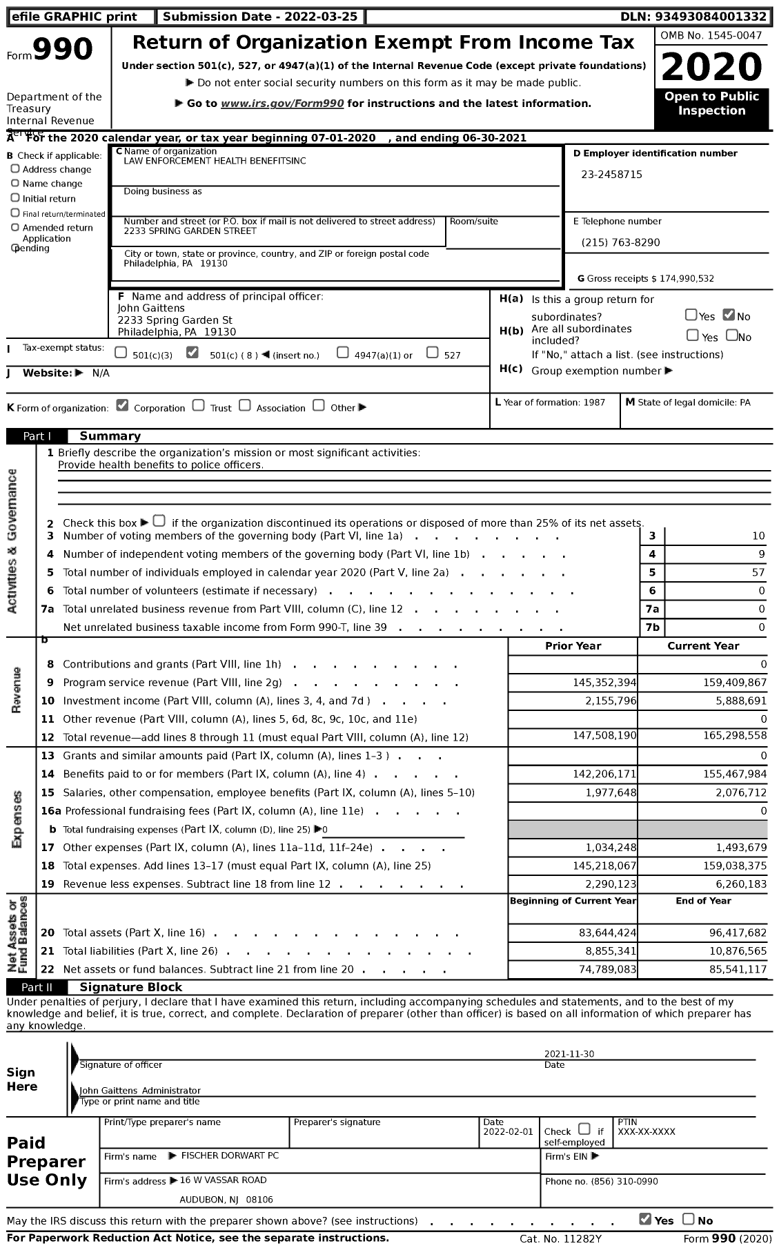 Image of first page of 2020 Form 990 for Law Enforcement Health Benefits (LEHB)