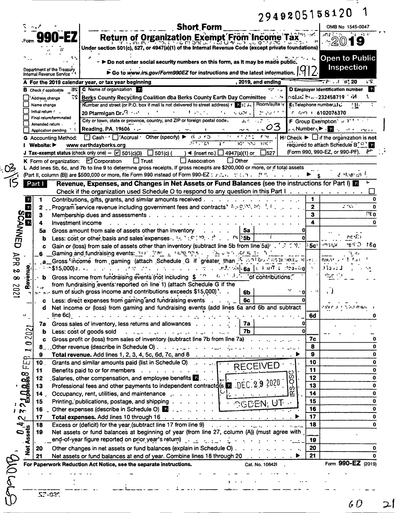 Image of first page of 2019 Form 990EZ for Berks Recycling Coalition