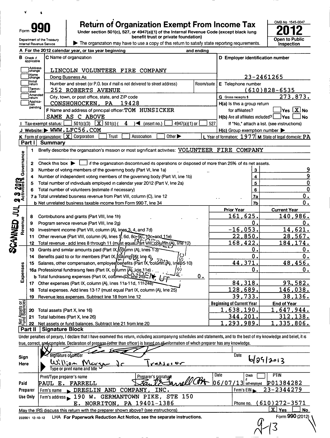 Image of first page of 2012 Form 990O for Lincoln Volunteer Fire Company