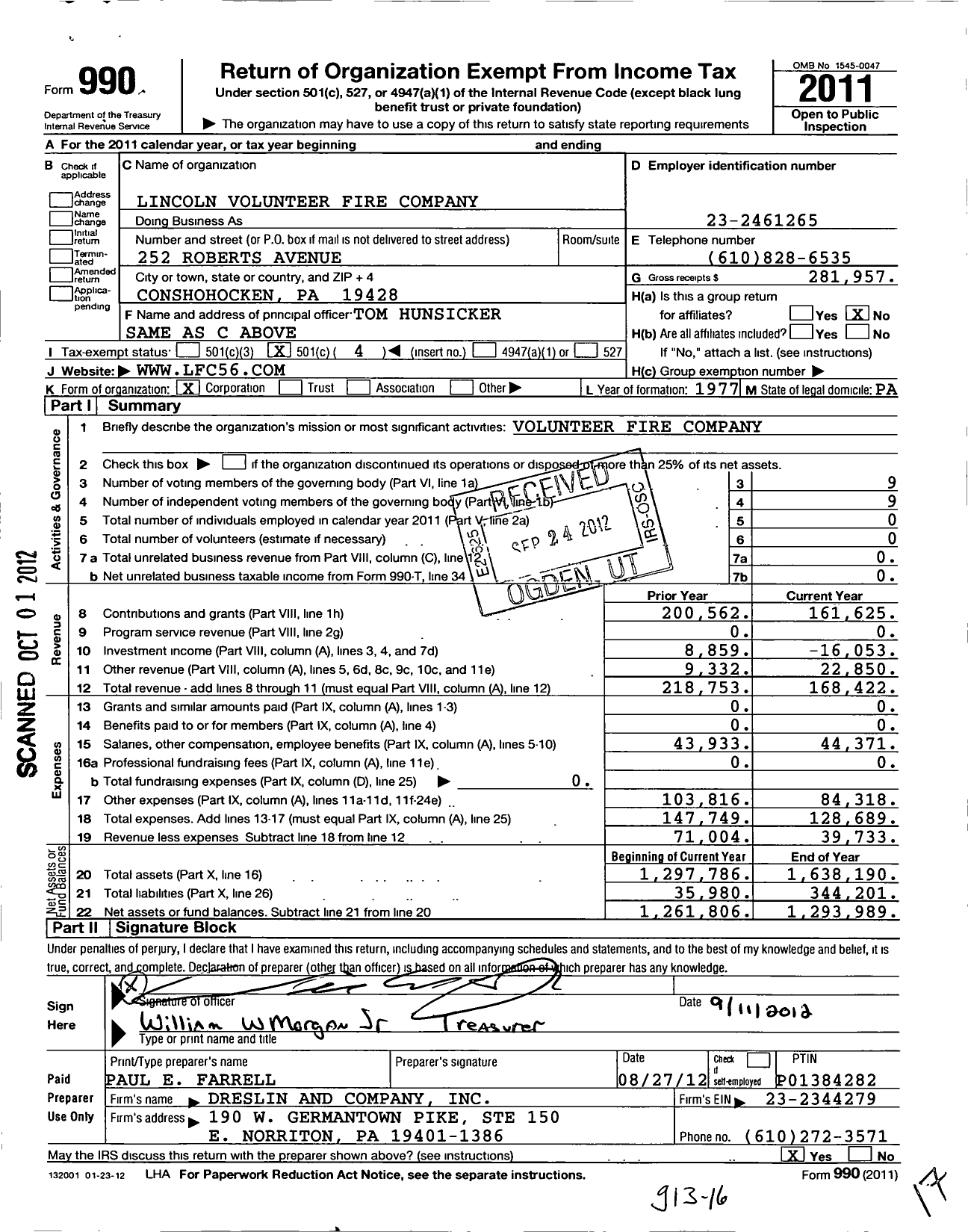 Image of first page of 2011 Form 990O for Lincoln Volunteer Fire Company