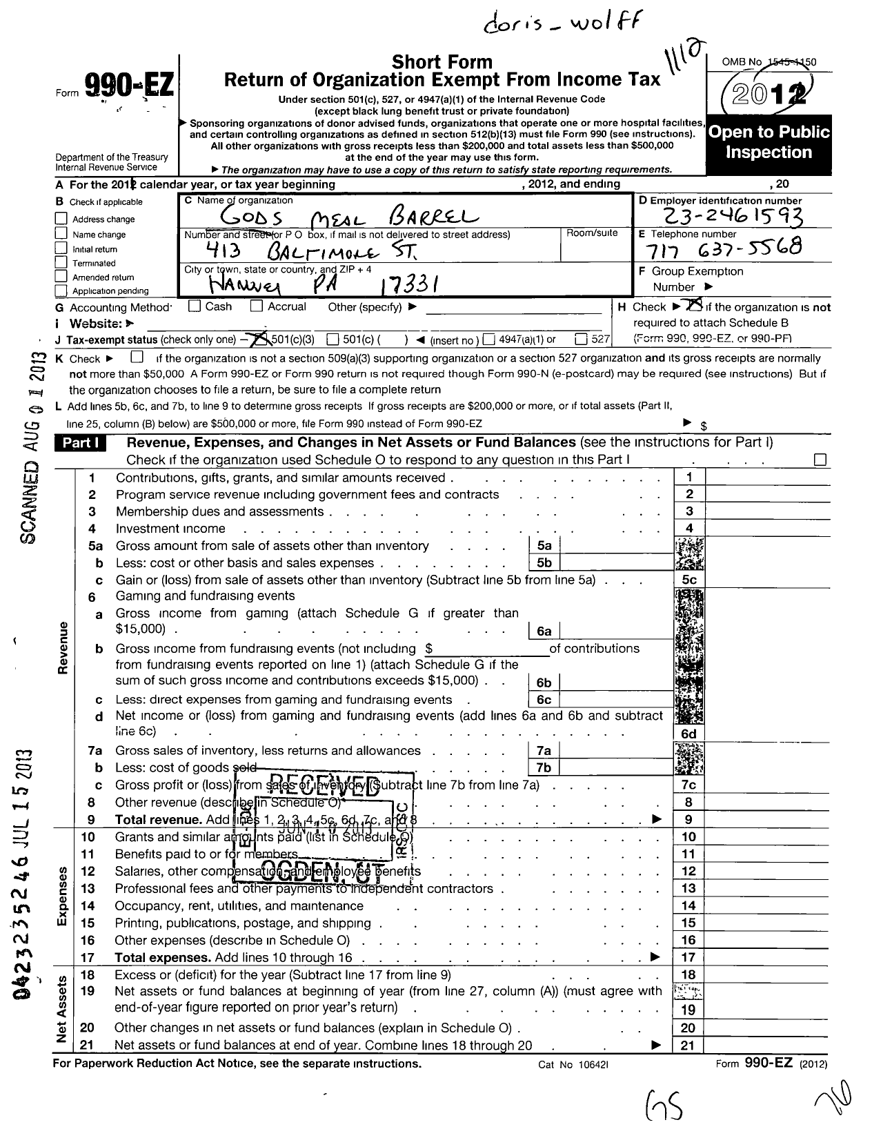 Image of first page of 2011 Form 990EZ for Gods Meal Barrel