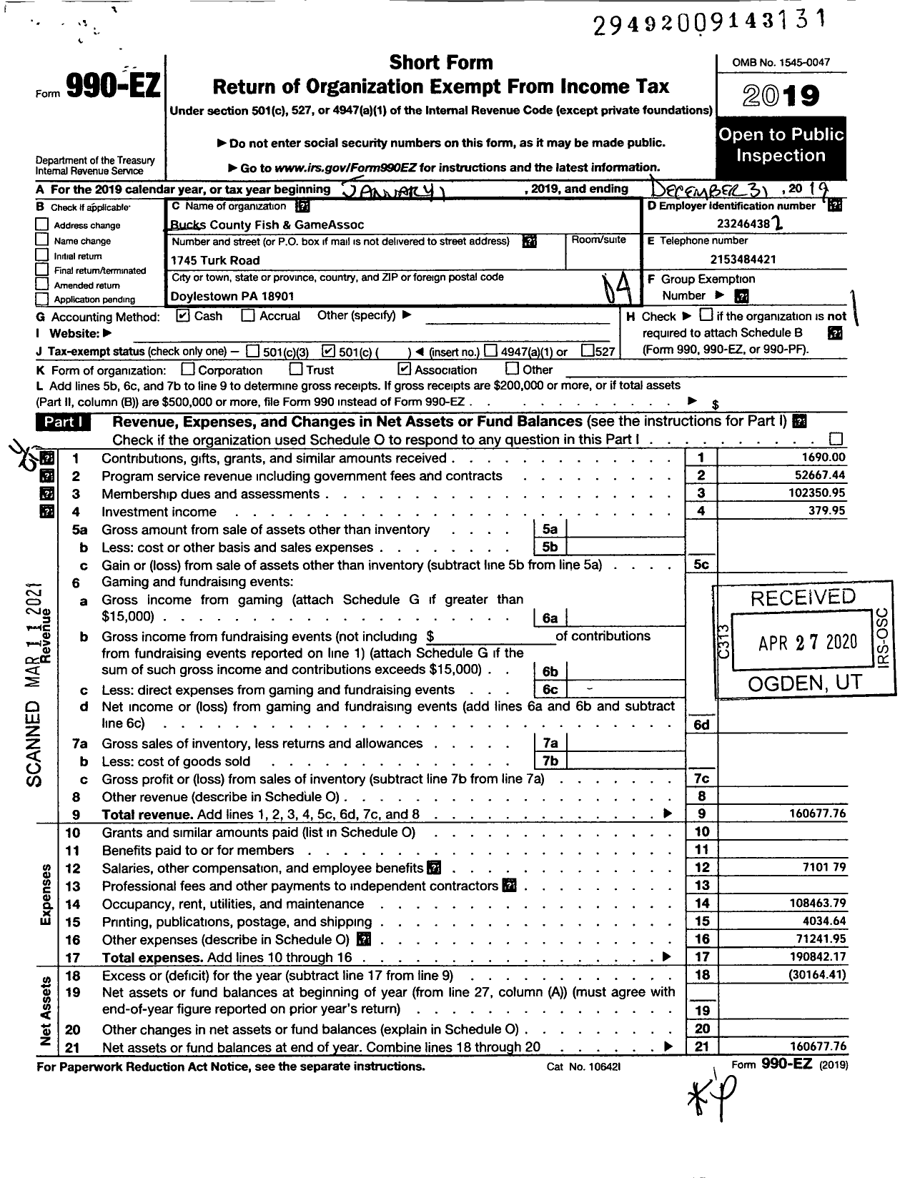 Image of first page of 2019 Form 990EO for Bucks County Fish and Game Association Ion