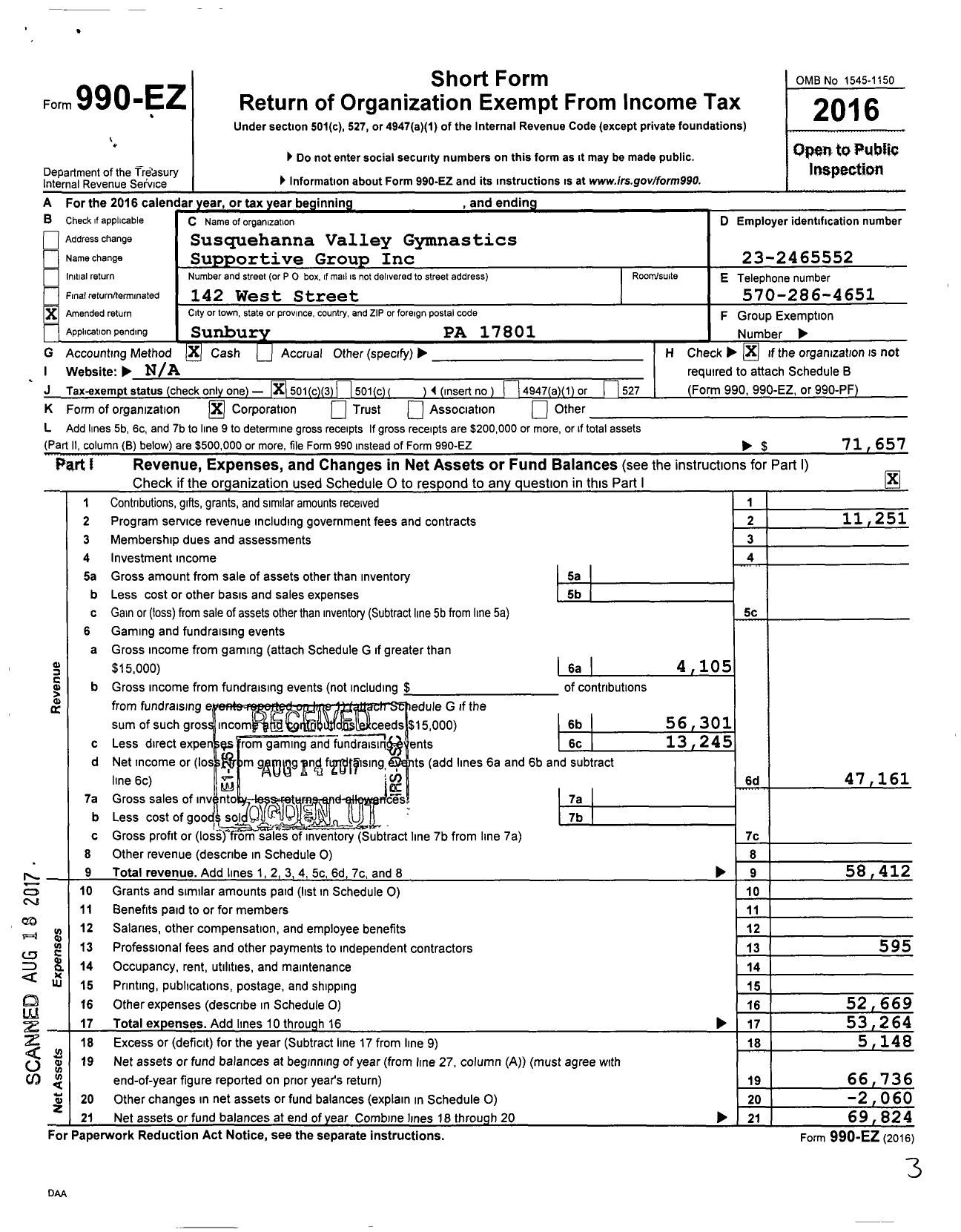 Image of first page of 2016 Form 990EZ for Susquehanna Valley Gymnasts Supportive Group