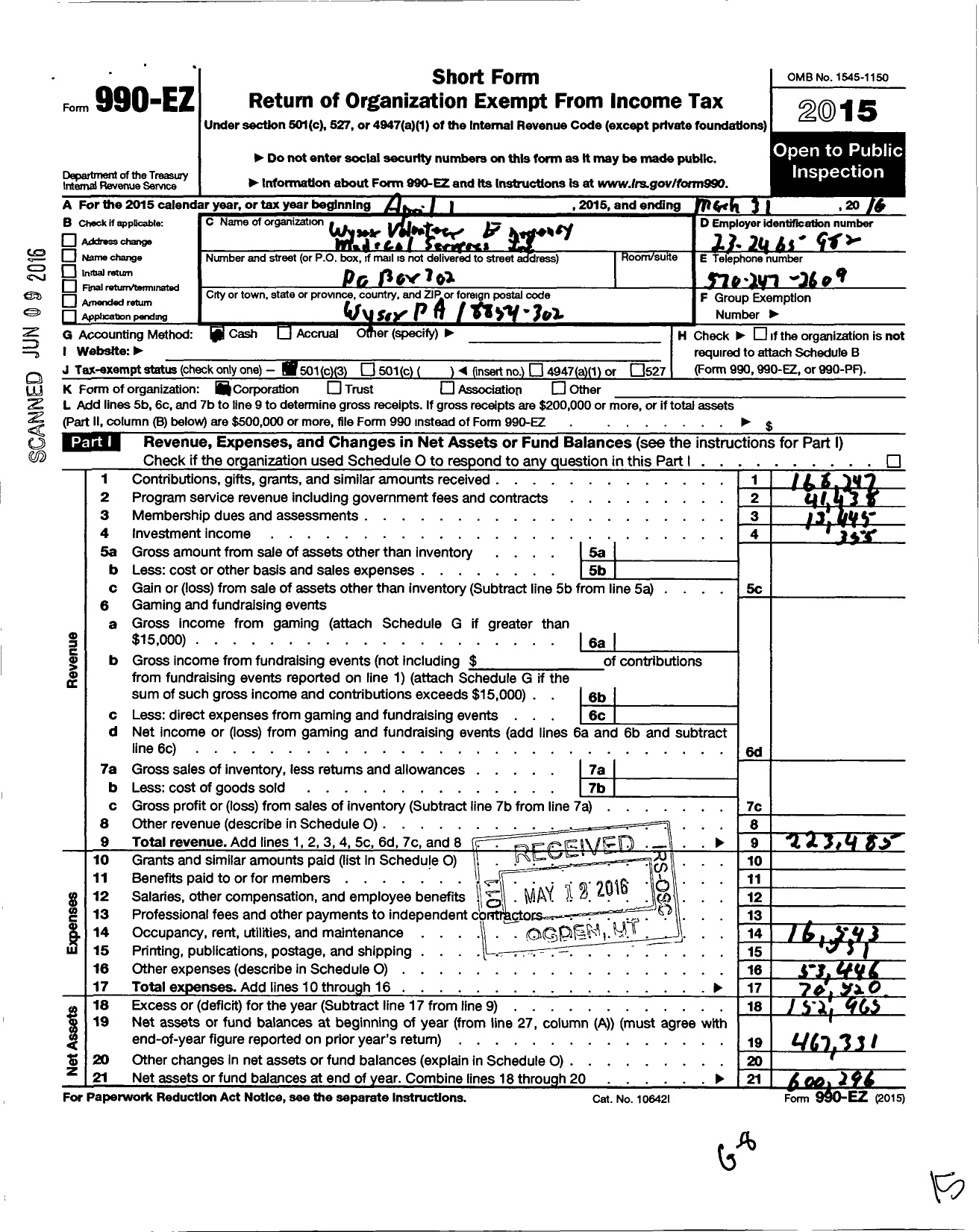 Image of first page of 2015 Form 990EZ for Wysox Volunteer Emergency Medical Service