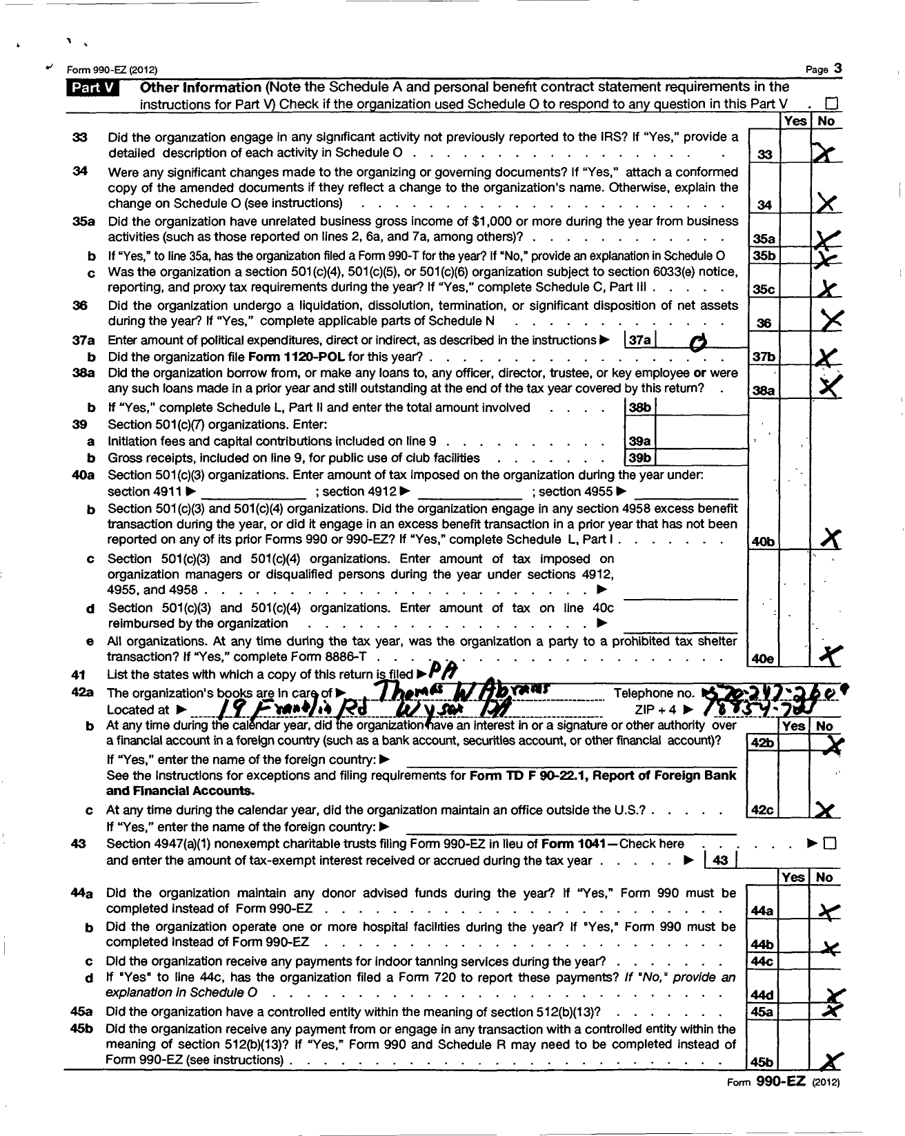 Image of first page of 2012 Form 990EZ for Wysox Volunteer Emergency Medical Service