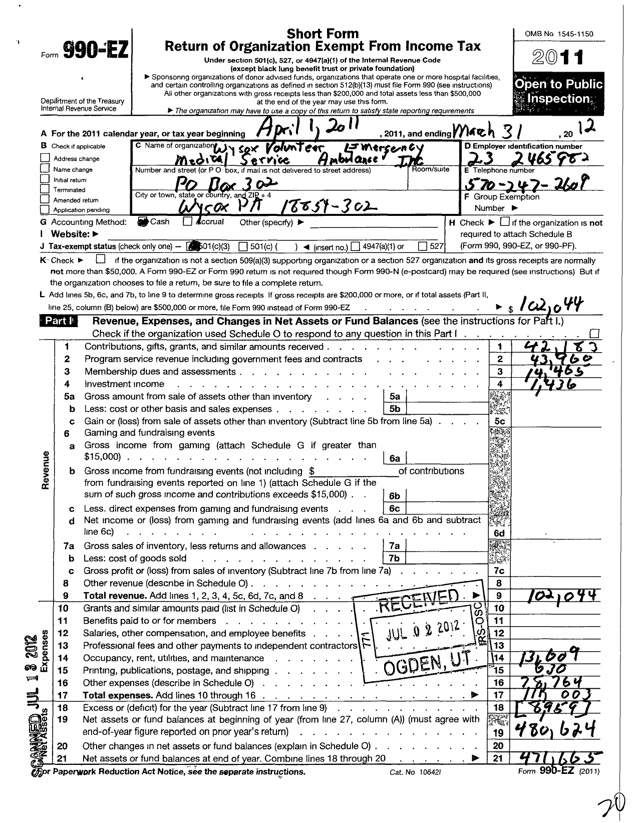 Image of first page of 2011 Form 990EZ for Wysox Volunteer Emergency Medical Service