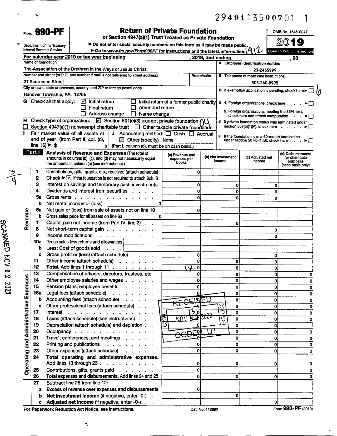 Image of first page of 2019 Form 990PF for The Association of the Brethren in